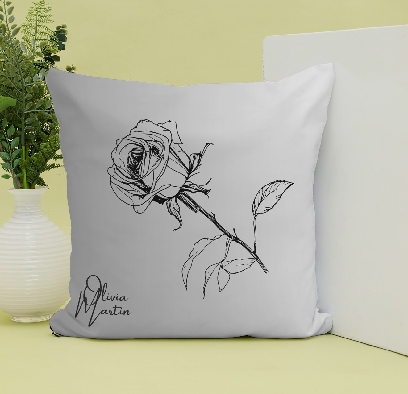 Rose Pencil Sketch cushion, gradient background from light grey to white, designed by Olivia Martin