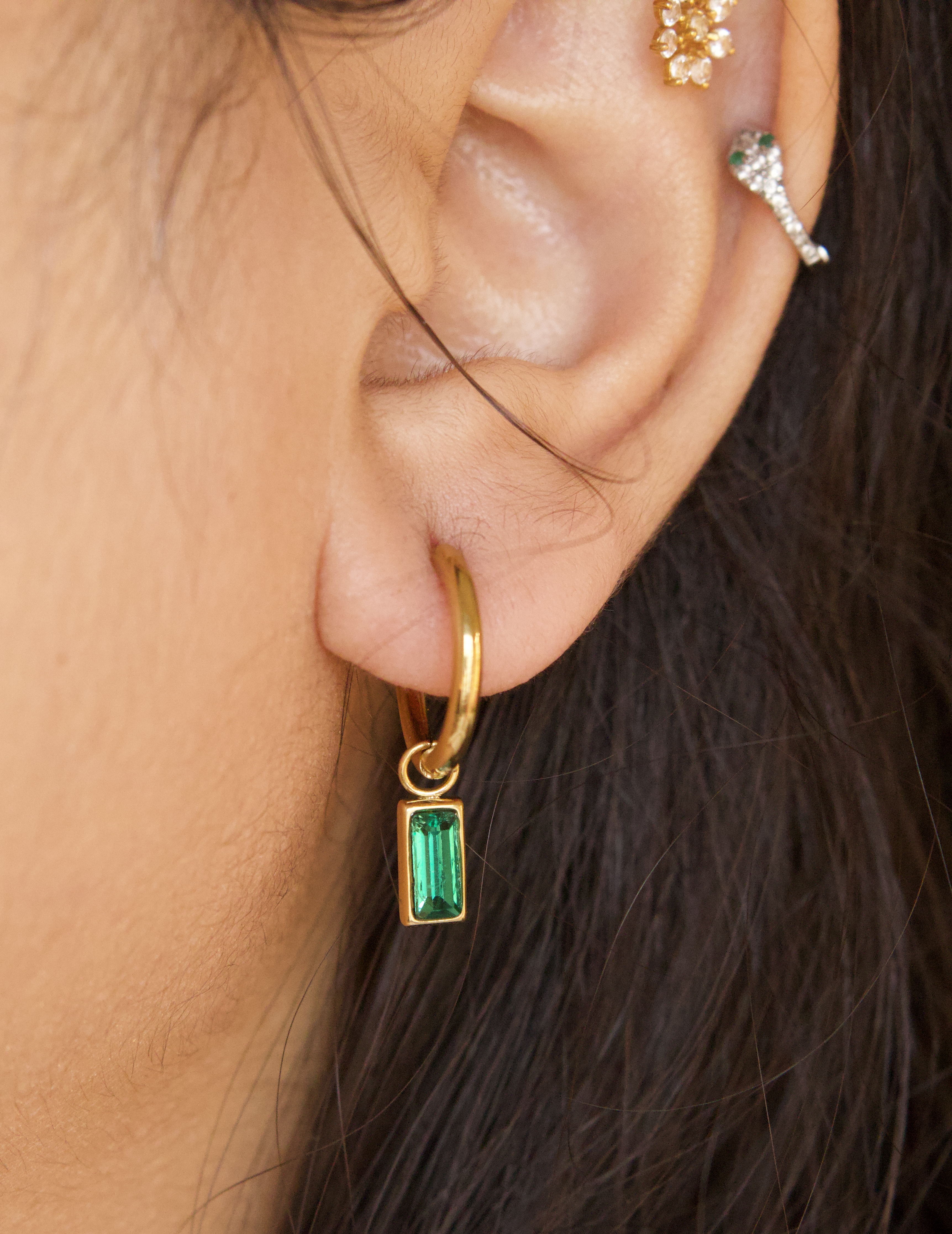 Gold Emerald Hoop Earring