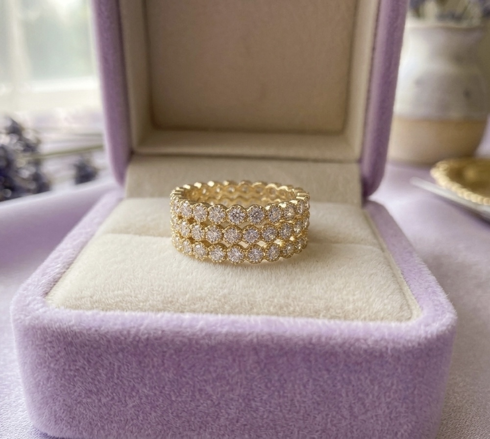 Triple Row Diamond Gold Ring