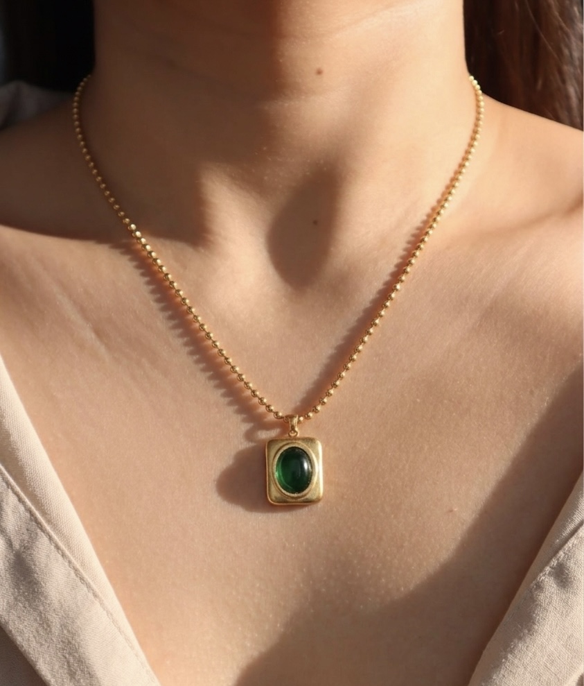Gold-Plated Green Stone Pendant Necklace