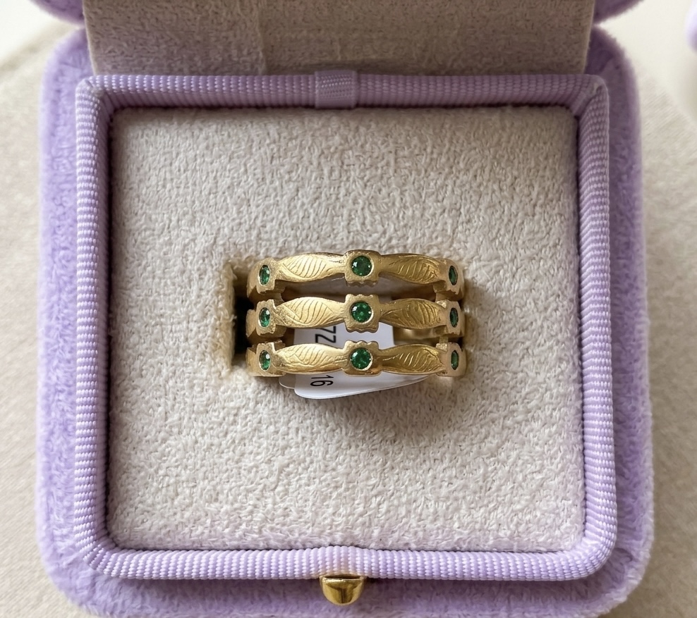 Gold Triple Band Ring with Emerald Accents