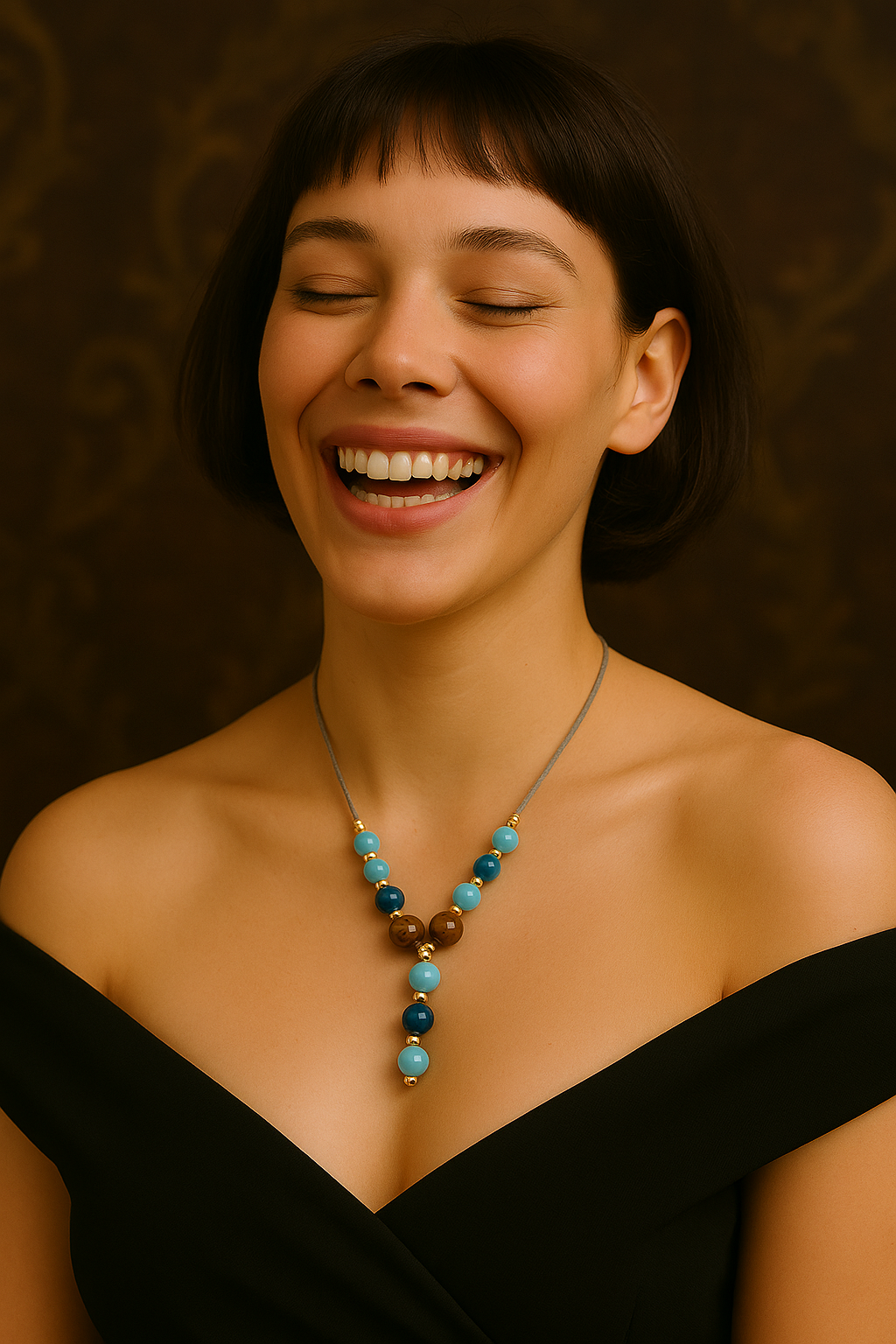 Collier Y de perles œil du tigre et agates bleues