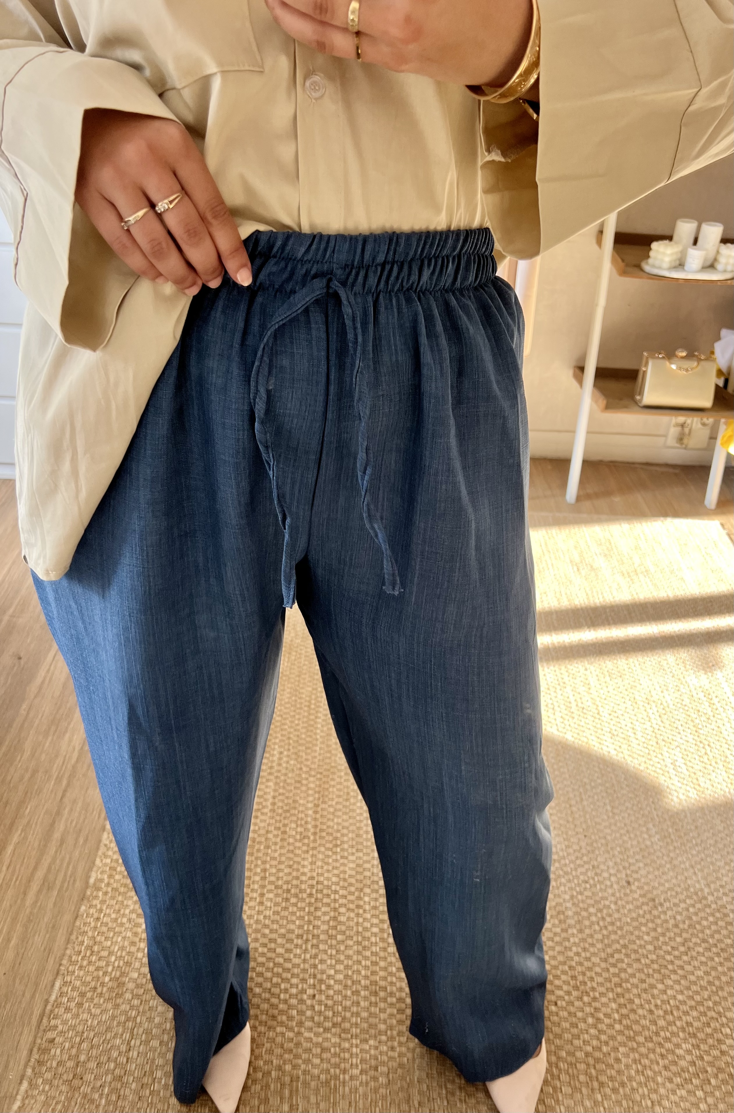 Pantalon large effet lin
