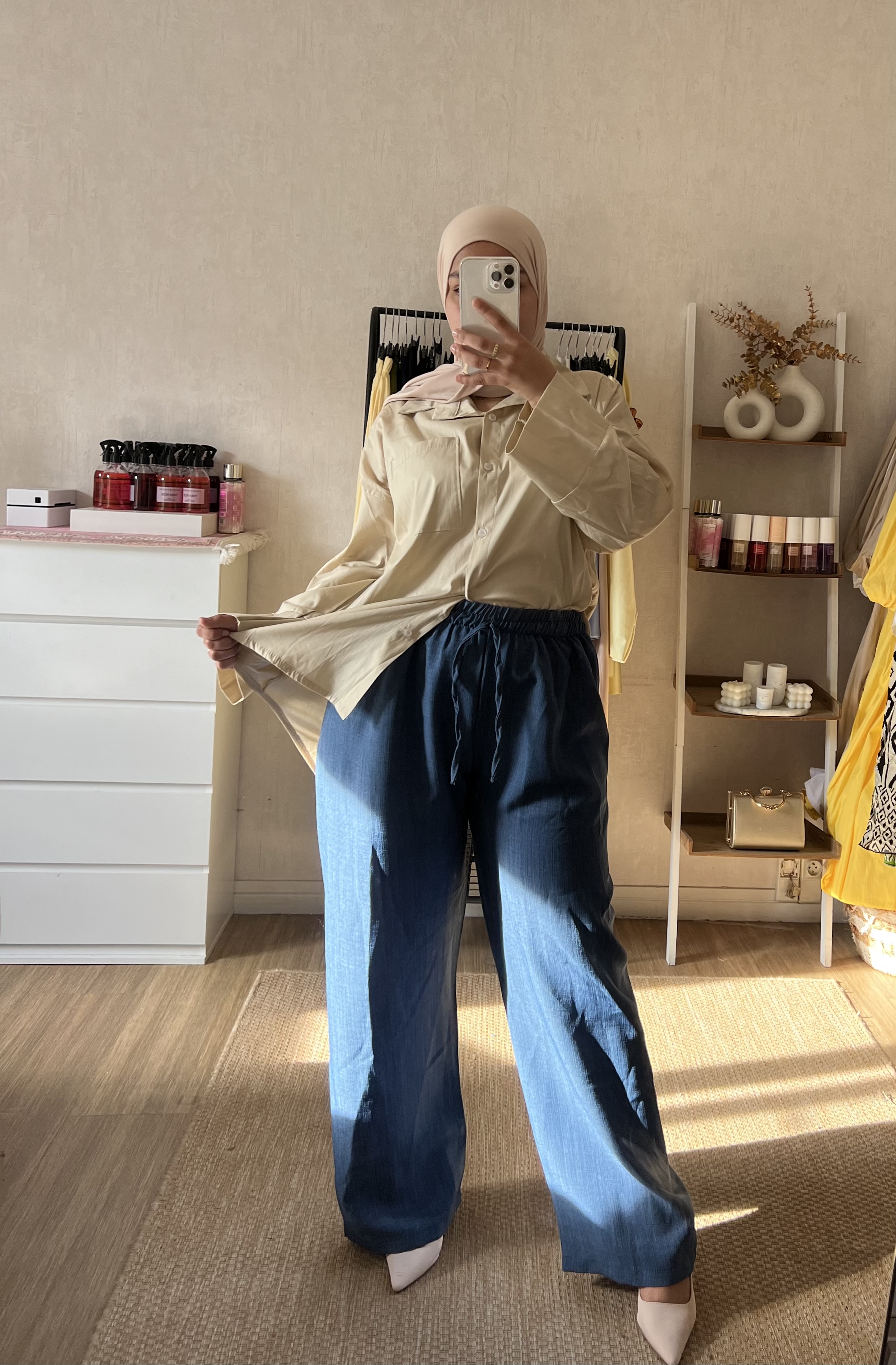 Pantalon large effet lin 