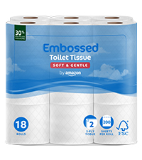 Amazon Toilet Roll, 2-Ply Embossed, Soft and Gentle, 18 Rolls (Pack of 1), 200 Sheets per Roll, FSC Certified