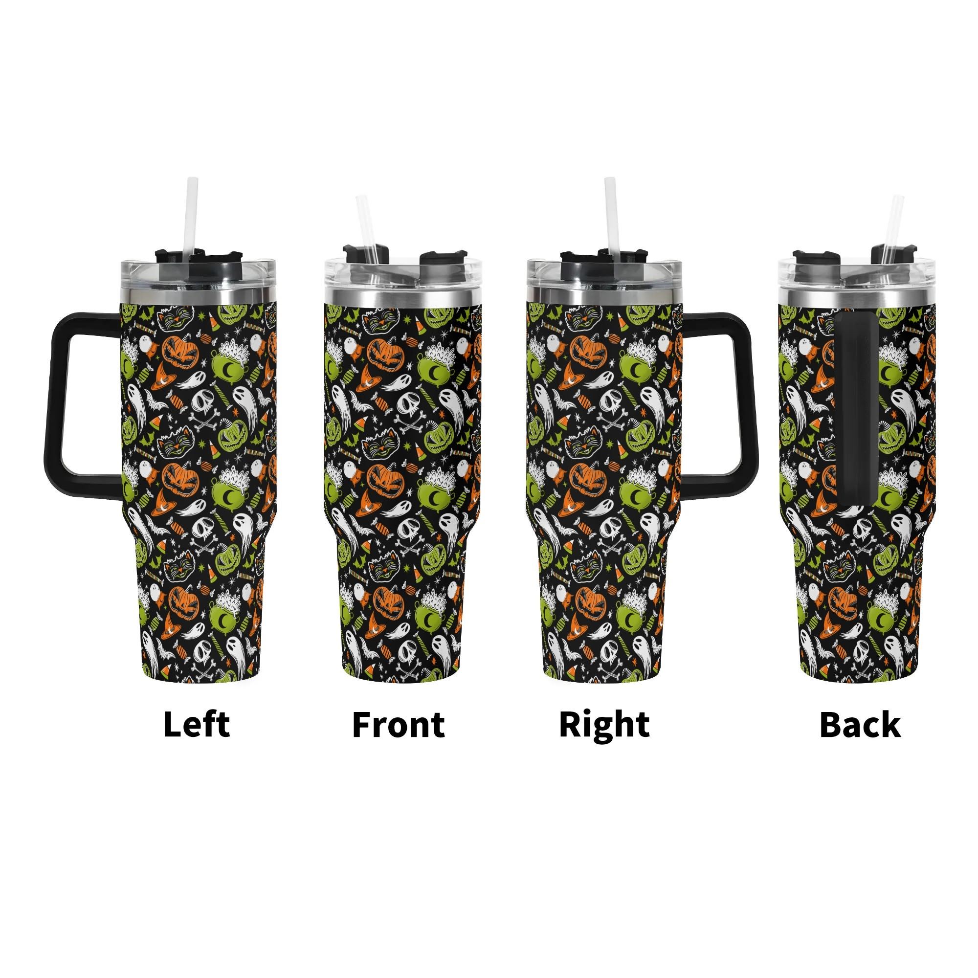 Spooky Season Cute Halloween Creeps Pattern 40oz Stainless Steel Tumbler With Black Handle and Straw