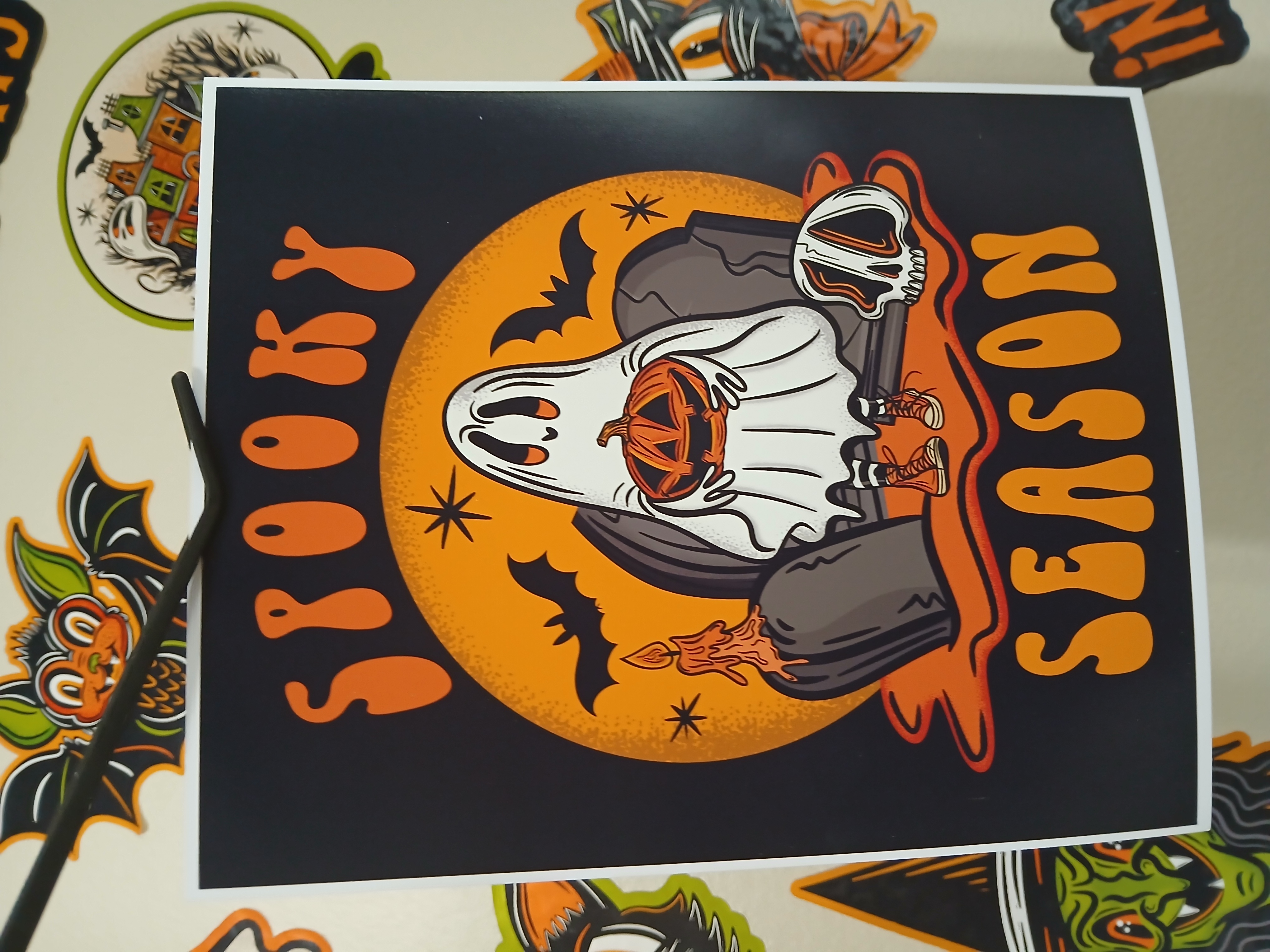 Spooky Season Sheet Ghost Holding Jack-O-Lantern in Cemetery Halloween Wall Decor Art Print