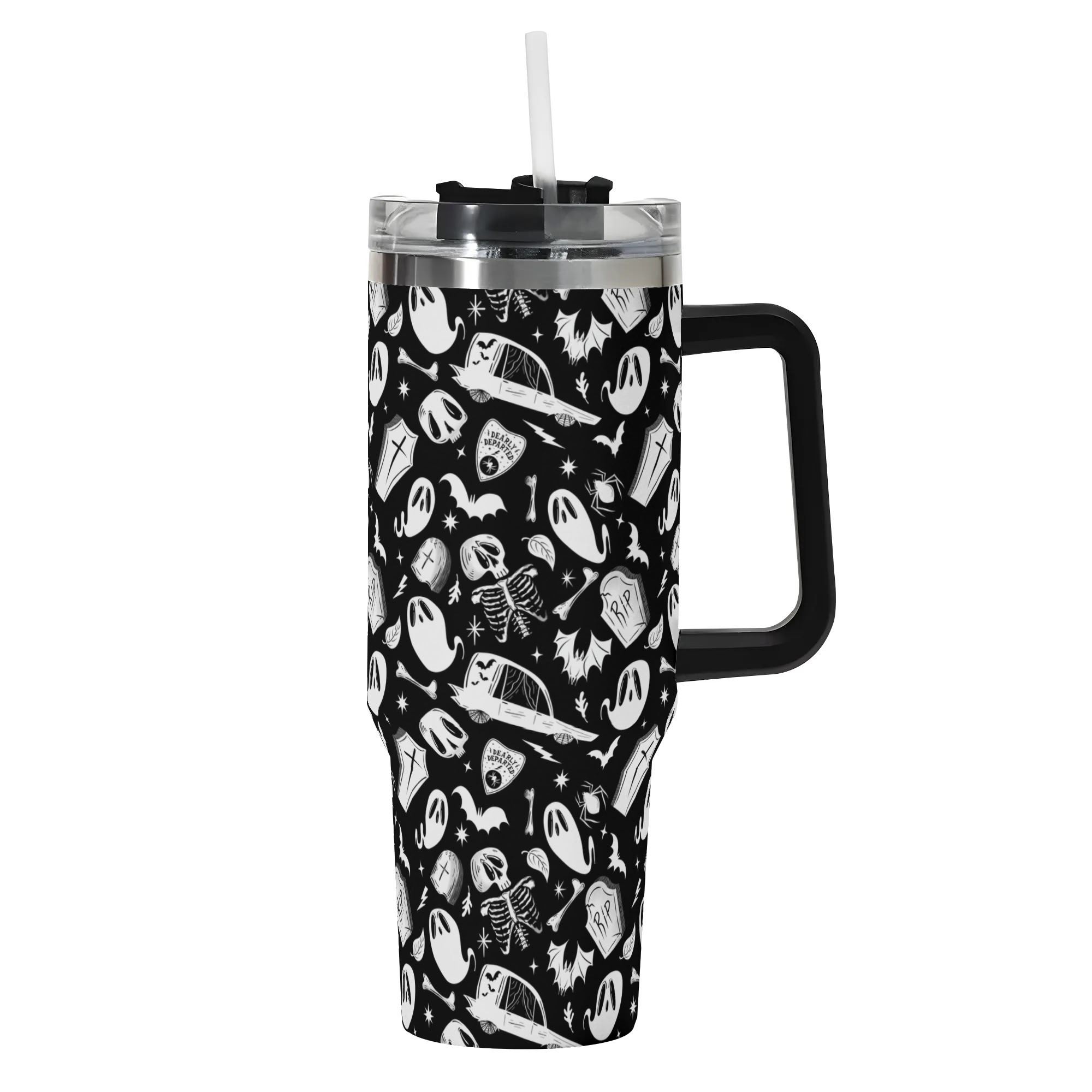 Spooky Season Cute Halloween Skeleton Hearse Pattern 40oz Stainless Steel Tumbler With Black Handle and Straw