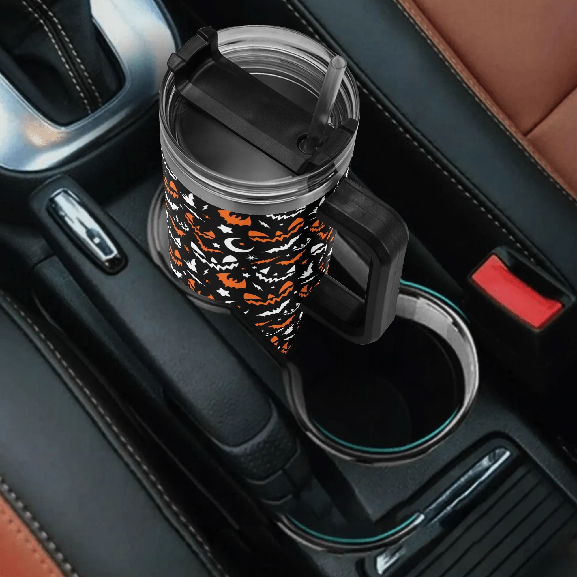 Spooky Season Cute Retro 90's Style Halloween Jack-o-Lantern Face, Bats, Moons Pattern 40oz Stainless Steel Tumbler With Black Handle and Straw
