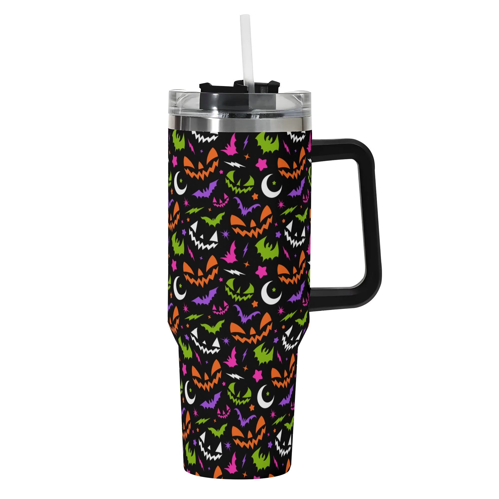 Spooky Season Cute Retro 90's Style Halloween Jack-o-Lantern Face, Bats, Moons Pattern 40oz Stainless Steel Tumbler With Black Handle and Straw