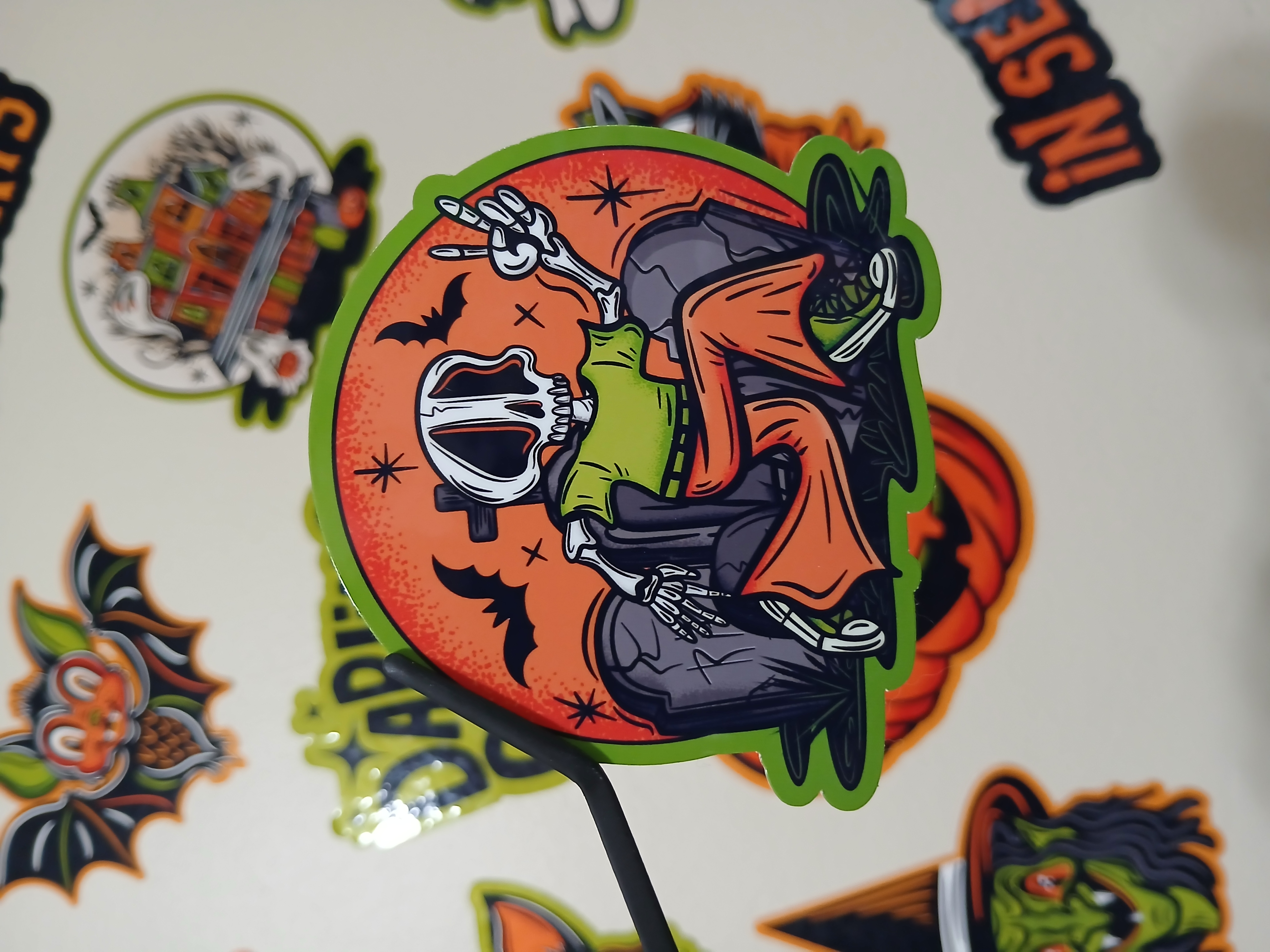 Spooky Cute Halloween Skeleton, Bats in Cemetery Vinyl Decal Sticker