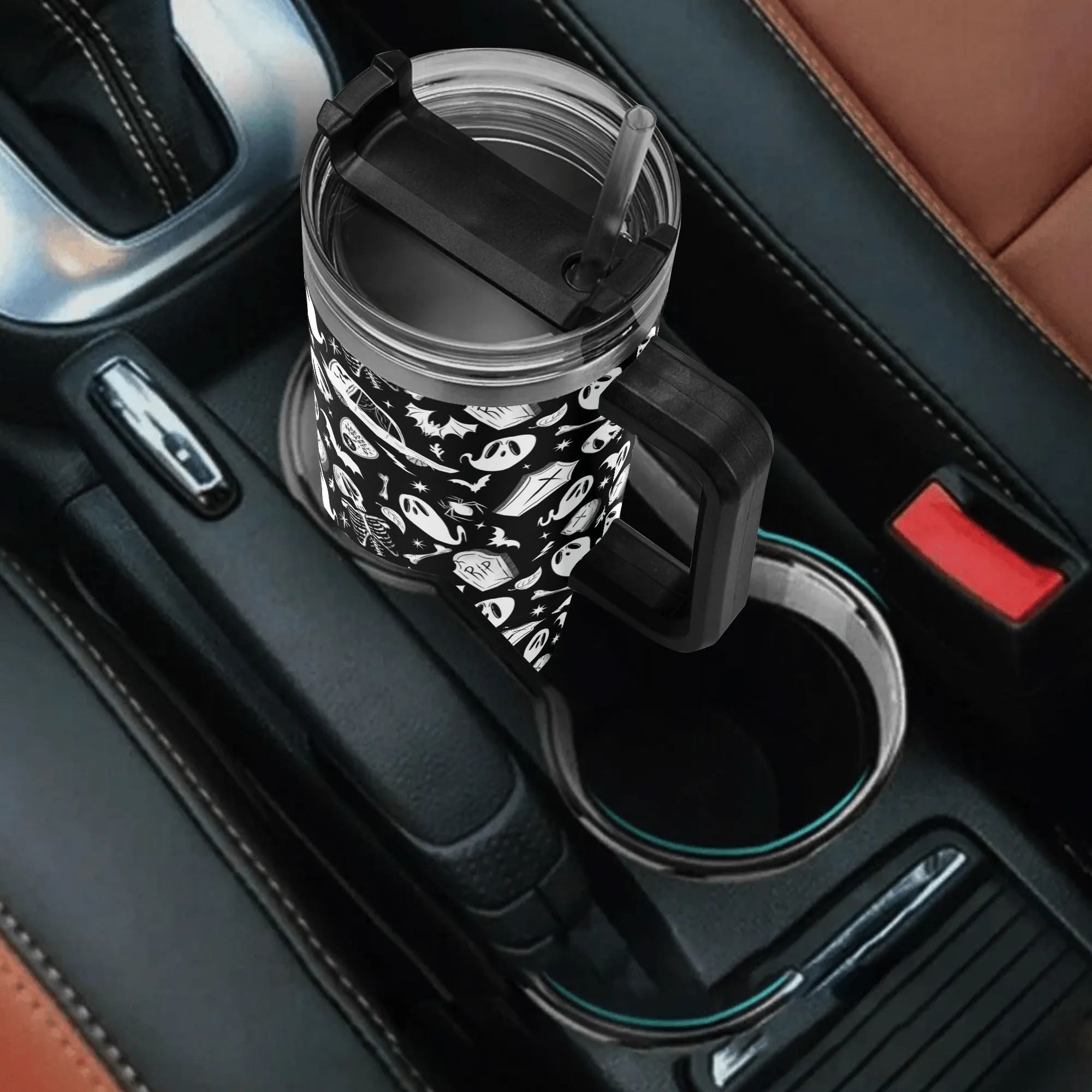 Spooky Season Cute Halloween Skeleton Hearse Pattern 40oz Stainless Steel Tumbler With Black Handle and Straw