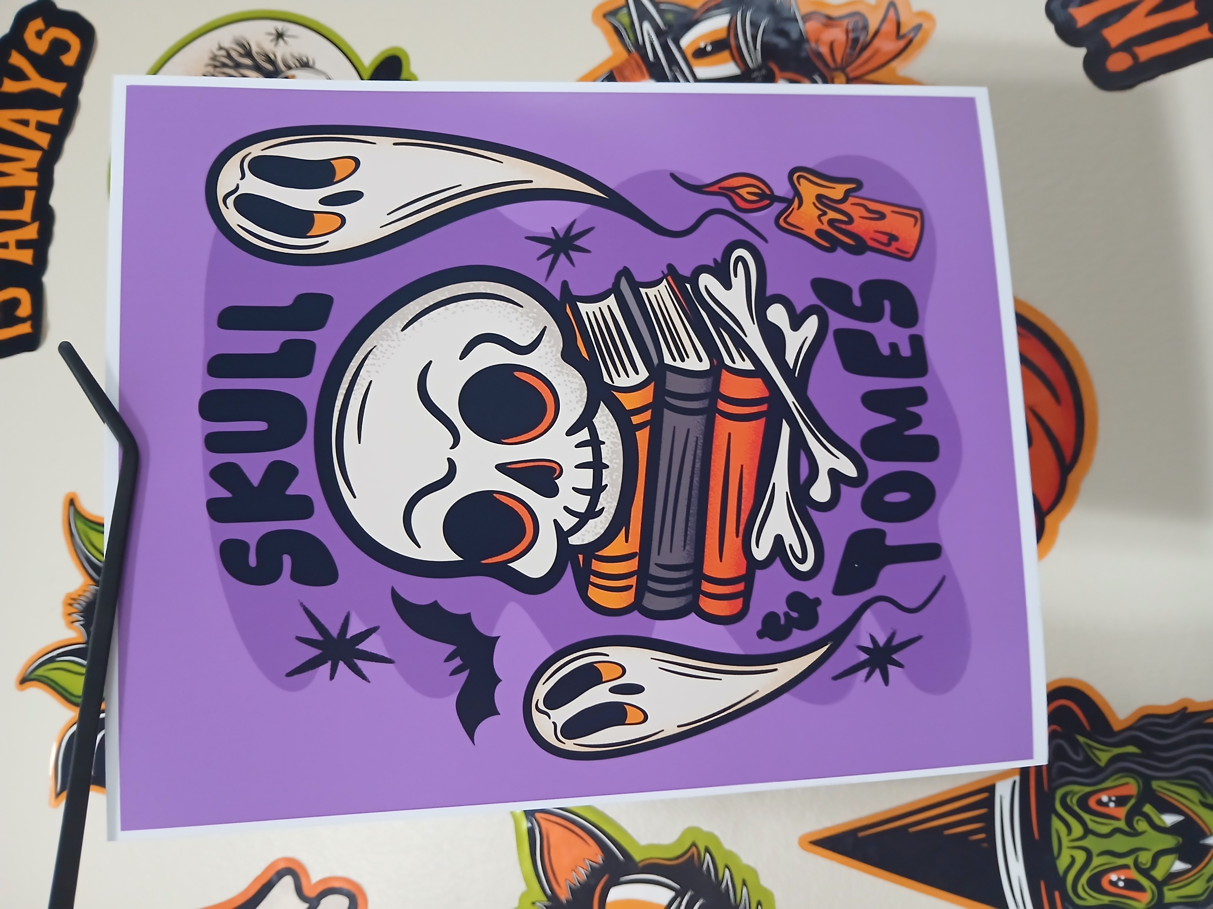 Spooky Bookish Skull Bats Ghosts Halloween Wall Decor Art Print