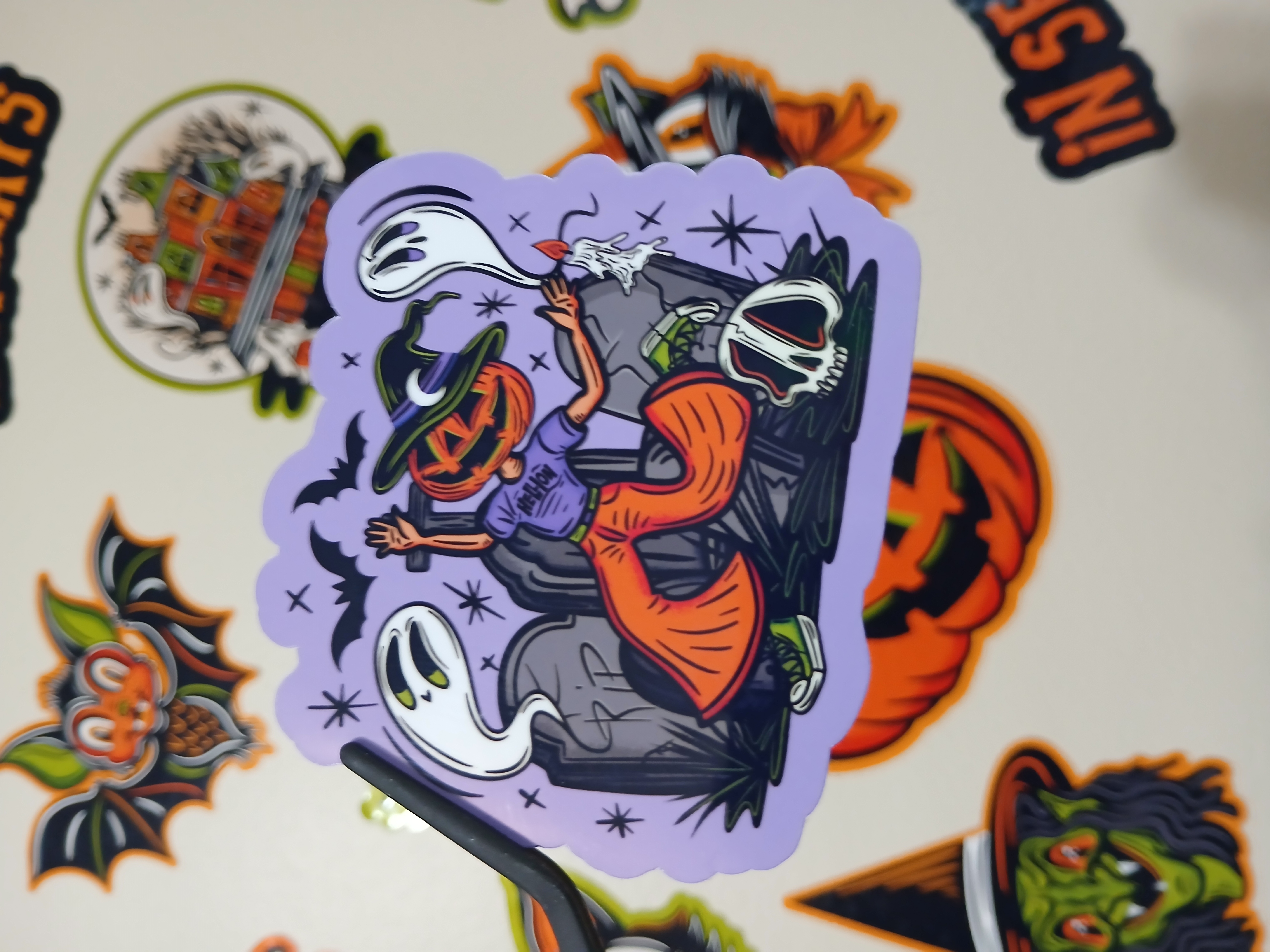 Spooky Cute Halloween Pumpkin Witch, Ghosts in Cemetery Vinyl Decal Sticker