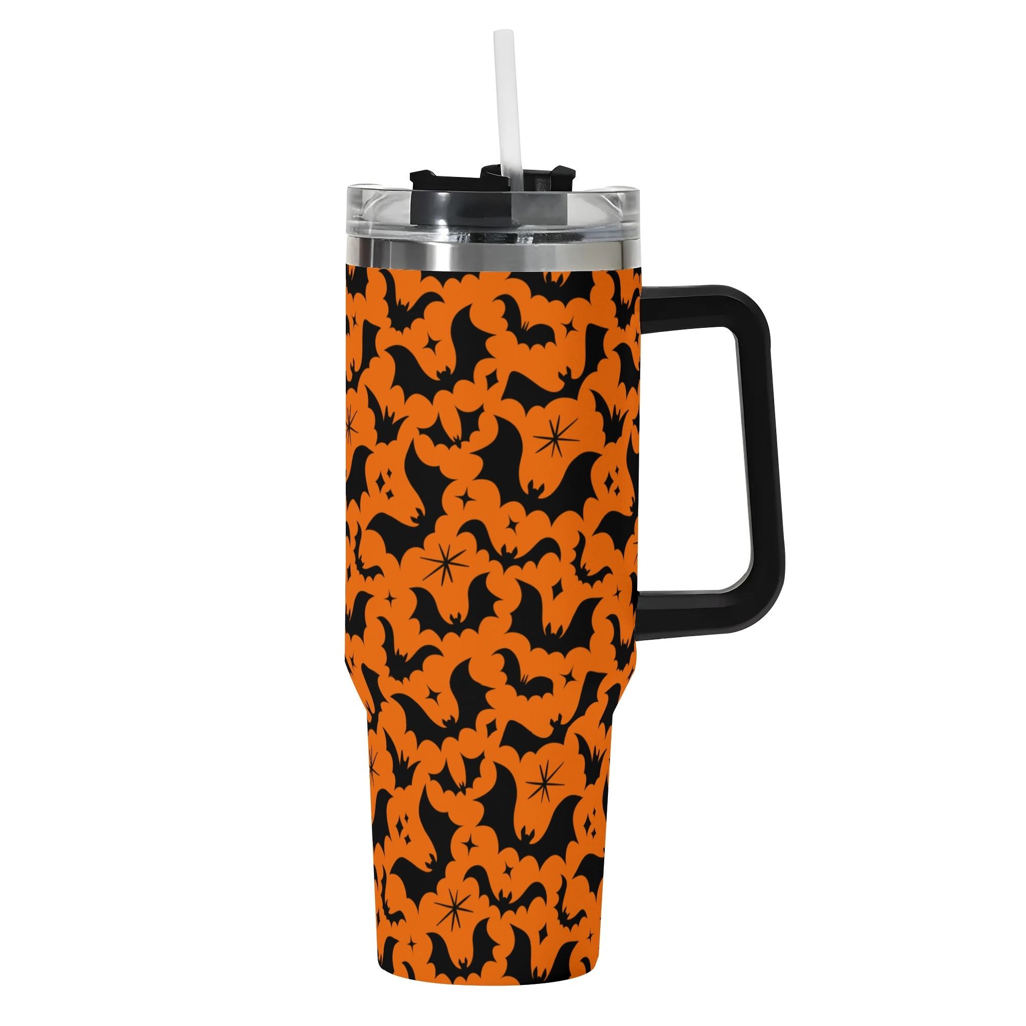 Spooky Season Halloween Gothic Bats Pattern 40oz Stainless Steel Tumbler With Black Handle and Straw
