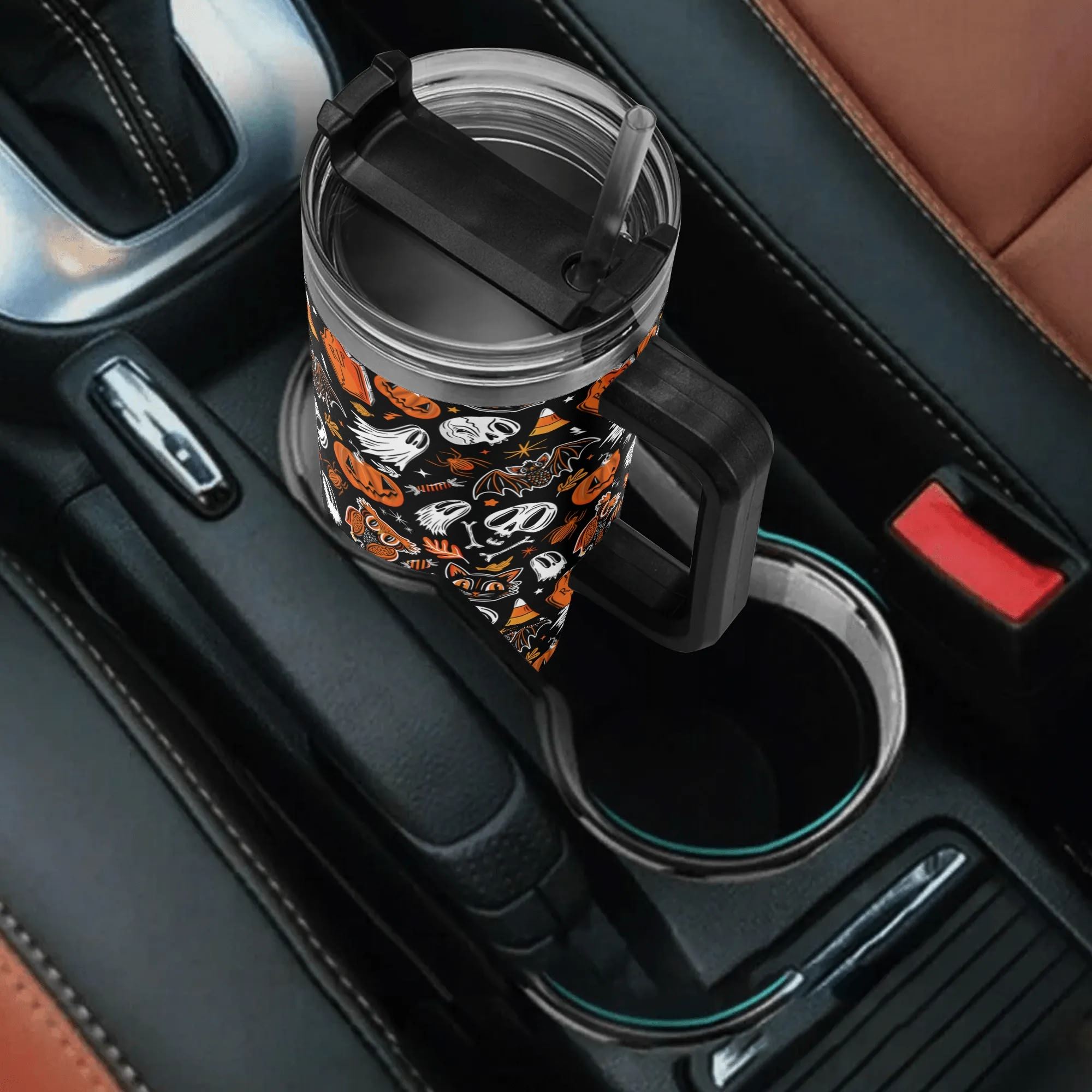 Spooky Season Cute Halloween Skull Ghost Jack-O-Lantern Pattern 40oz Stainless Steel Tumbler With Black Handle and Straw
