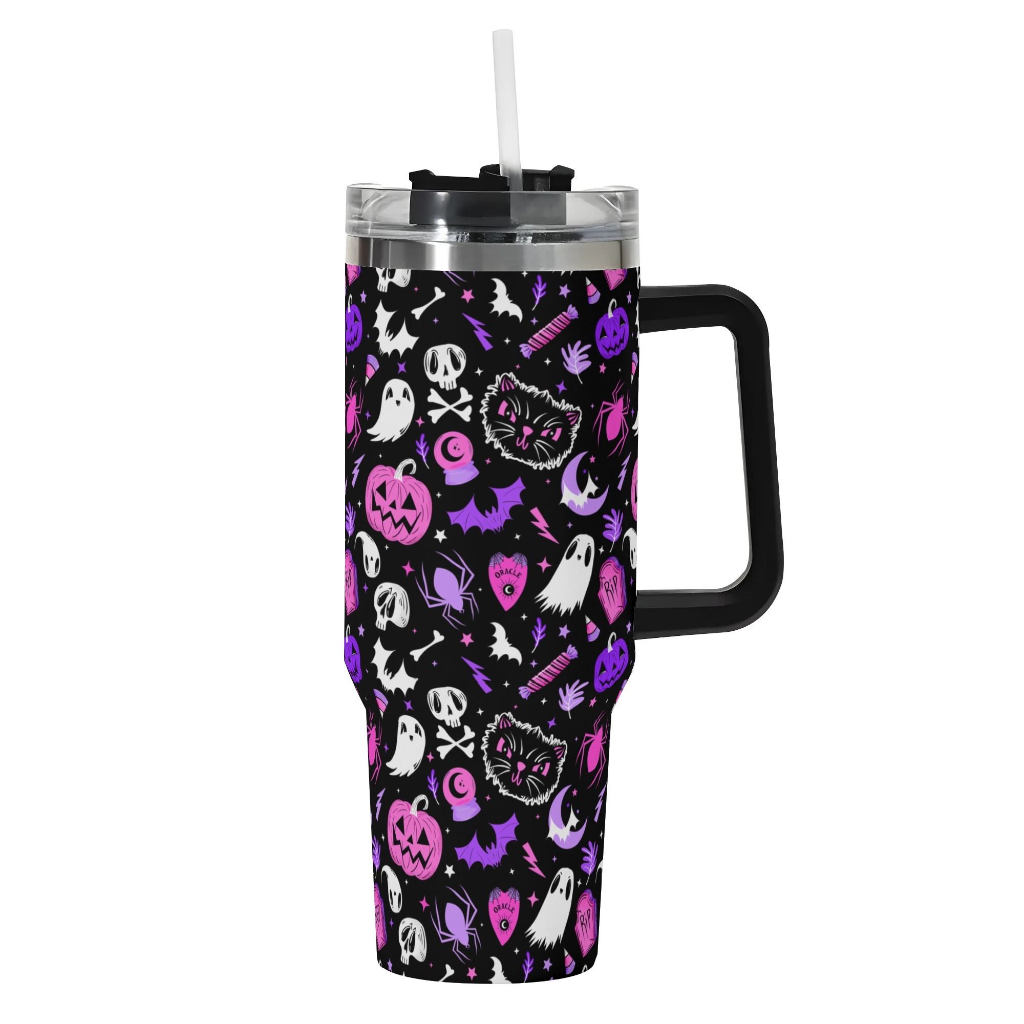 Spooky Season Cute Halloween Pastel Goth Skull Ghost Jack-O-Lantern Black Cat Pattern 40oz Stainless Steel Tumbler With Black Handle and Straw
