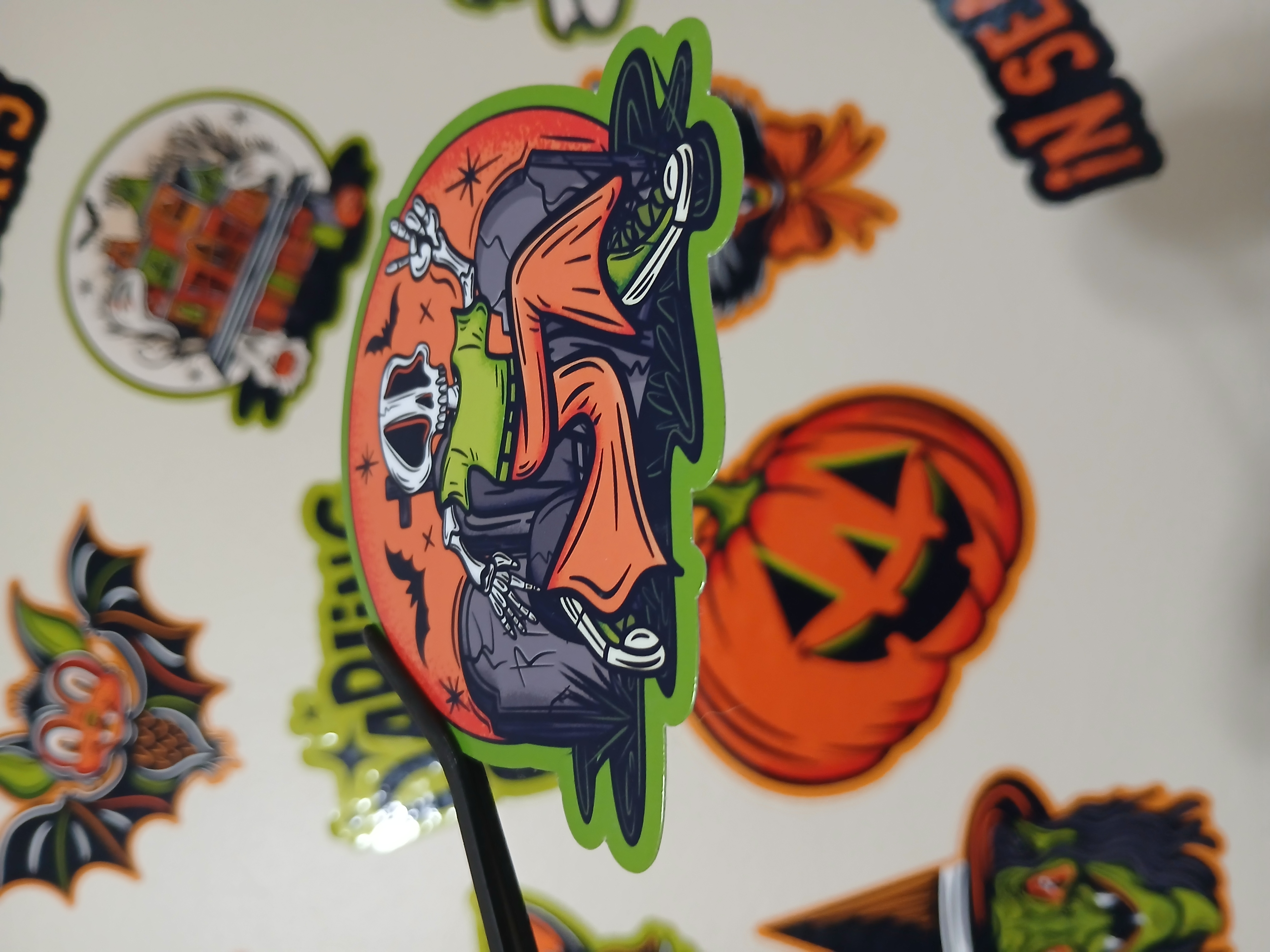 Spooky Cute Halloween Skeleton, Bats in Cemetery Vinyl Decal Sticker