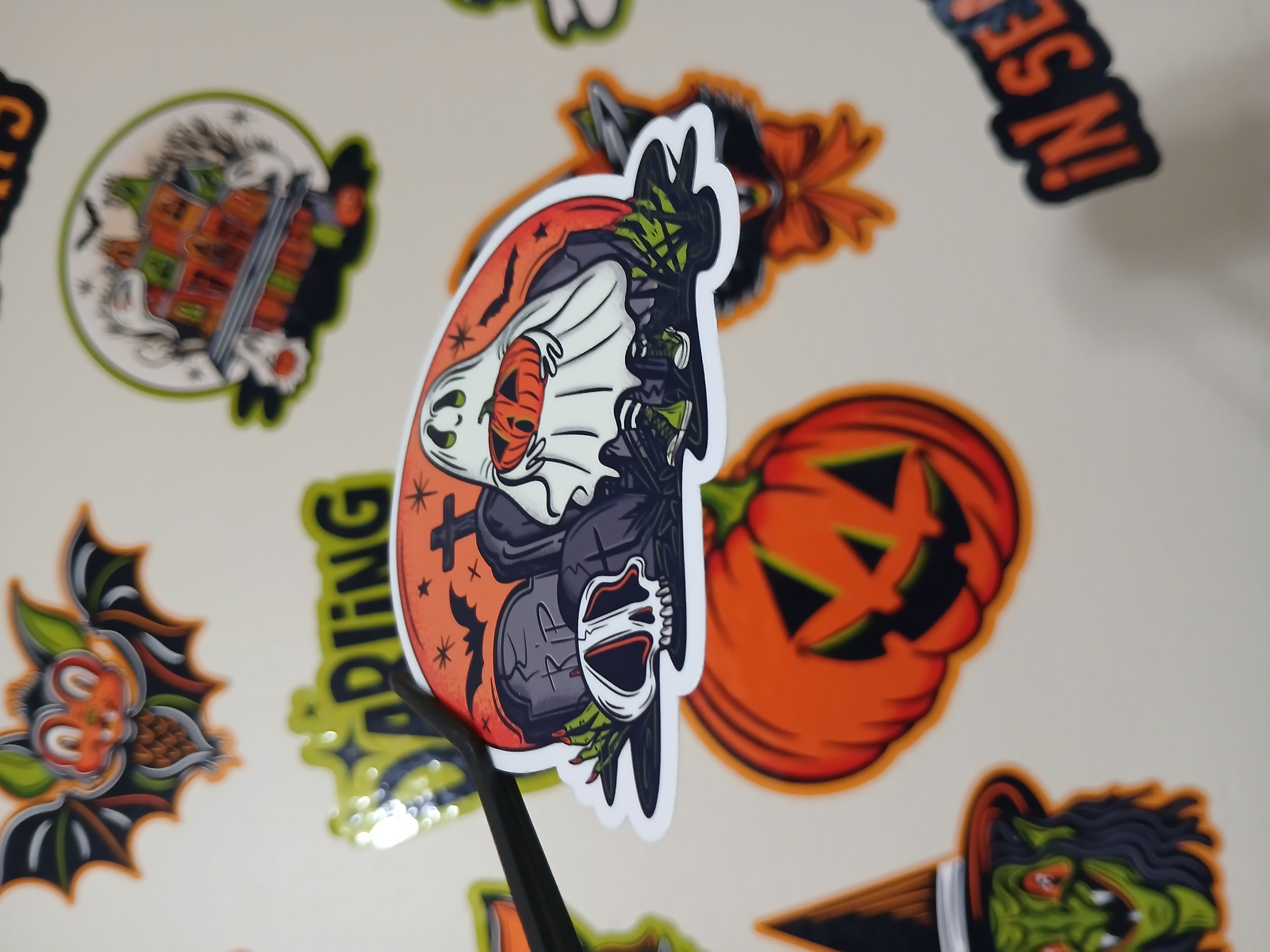 Spooky Cute Halloween Sheet Ghost, Skull, Bats in Cemetery Vinyl Decal Sticker