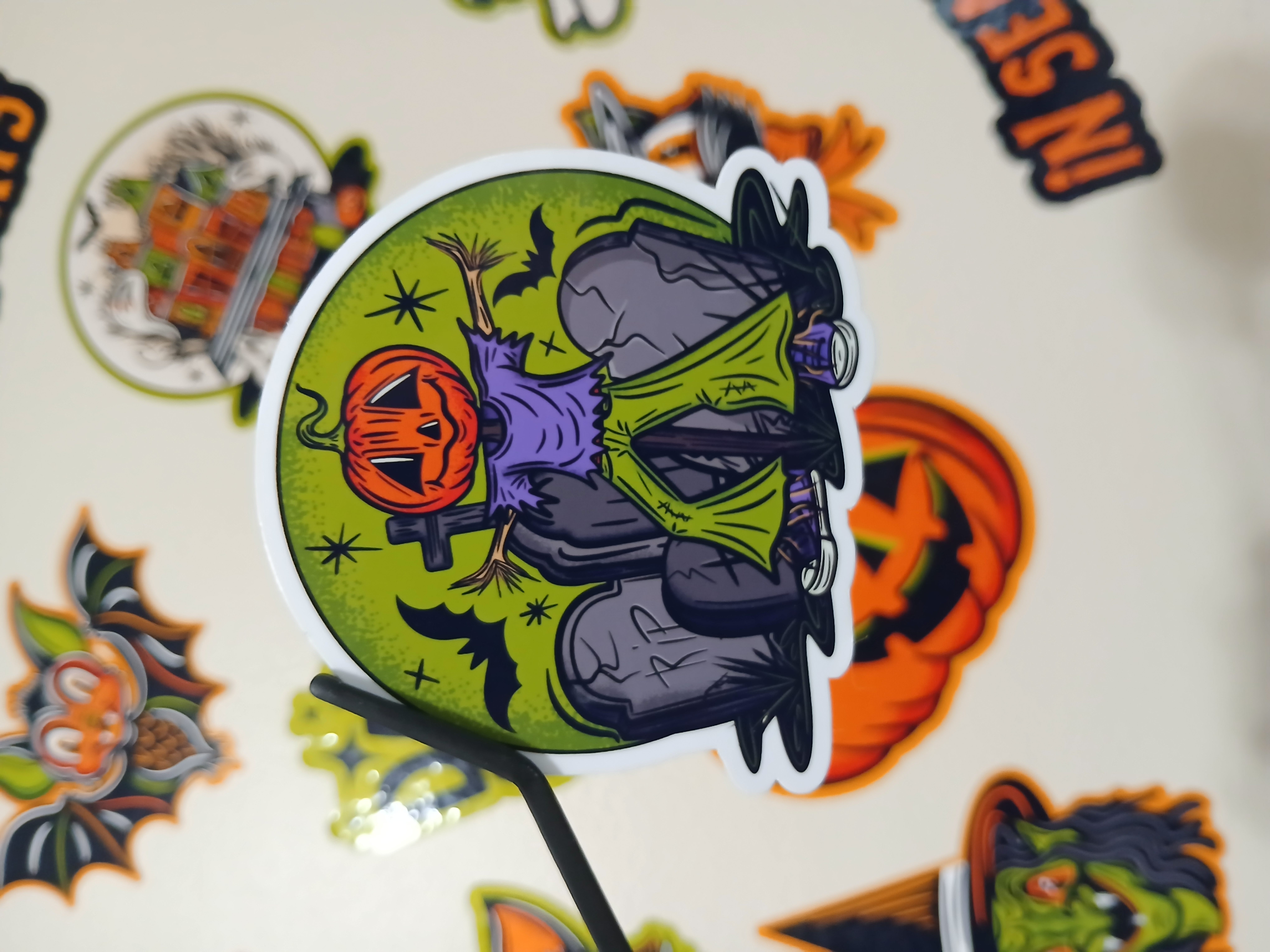Spooky Cute Halloween Pumpkin Scarecrow, Bats in Cemetery Vinyl Decal Sticker