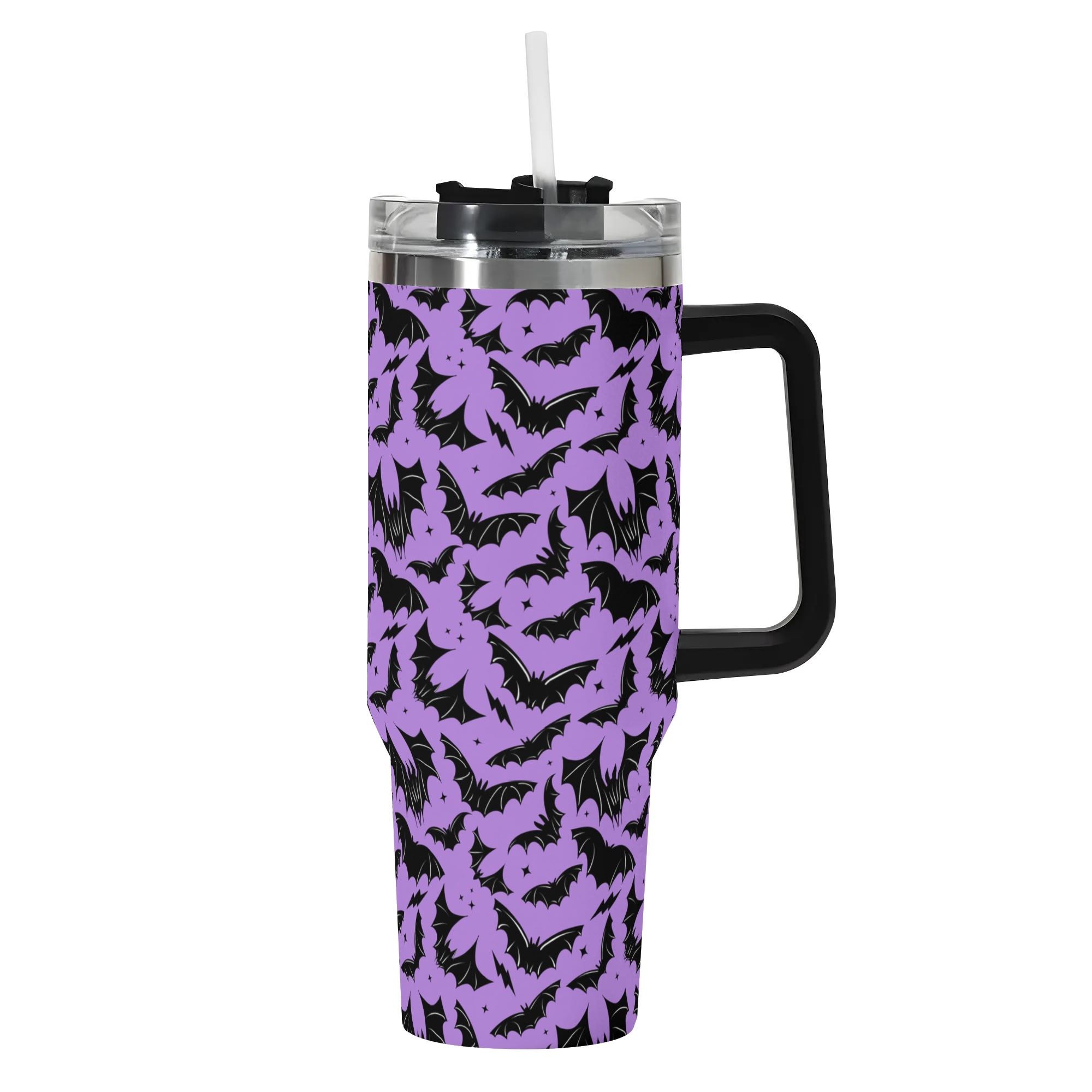 Spooky Season Halloween Gothic Bats Pastel Goth Pattern 40oz Stainless Steel Tumbler With Black Handle and Straw