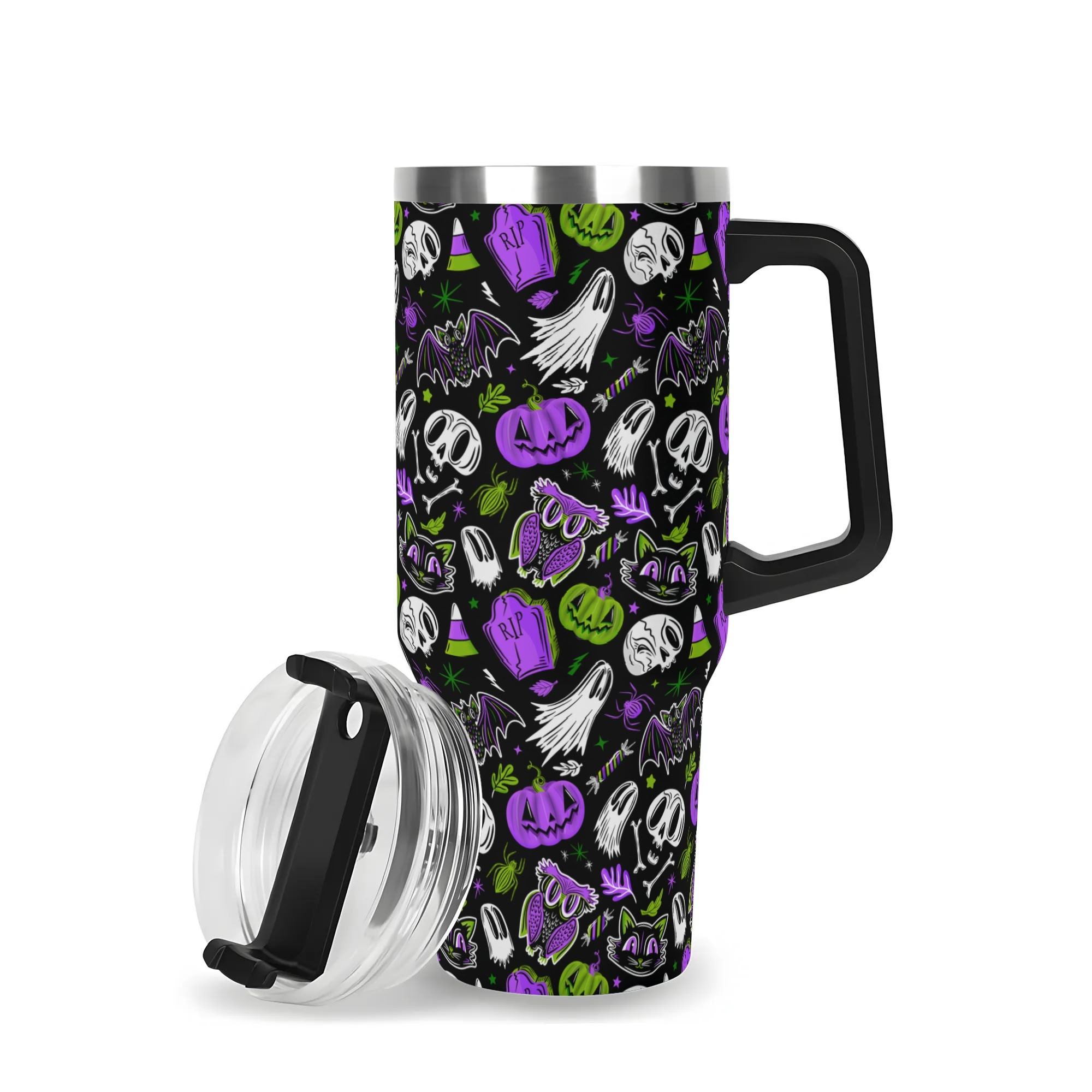 Spooky Season Cute Halloween Skull Ghost Jack-O-Lantern Pattern 40oz Stainless Steel Tumbler With Black Handle and Straw
