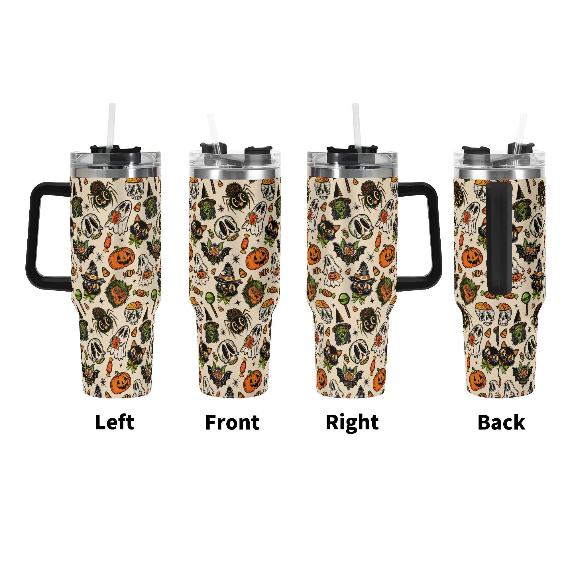 Spooky Season Cute Halloween Creeps Pattern 40oz Stainless Steel Tumbler With Black Handle and Straw