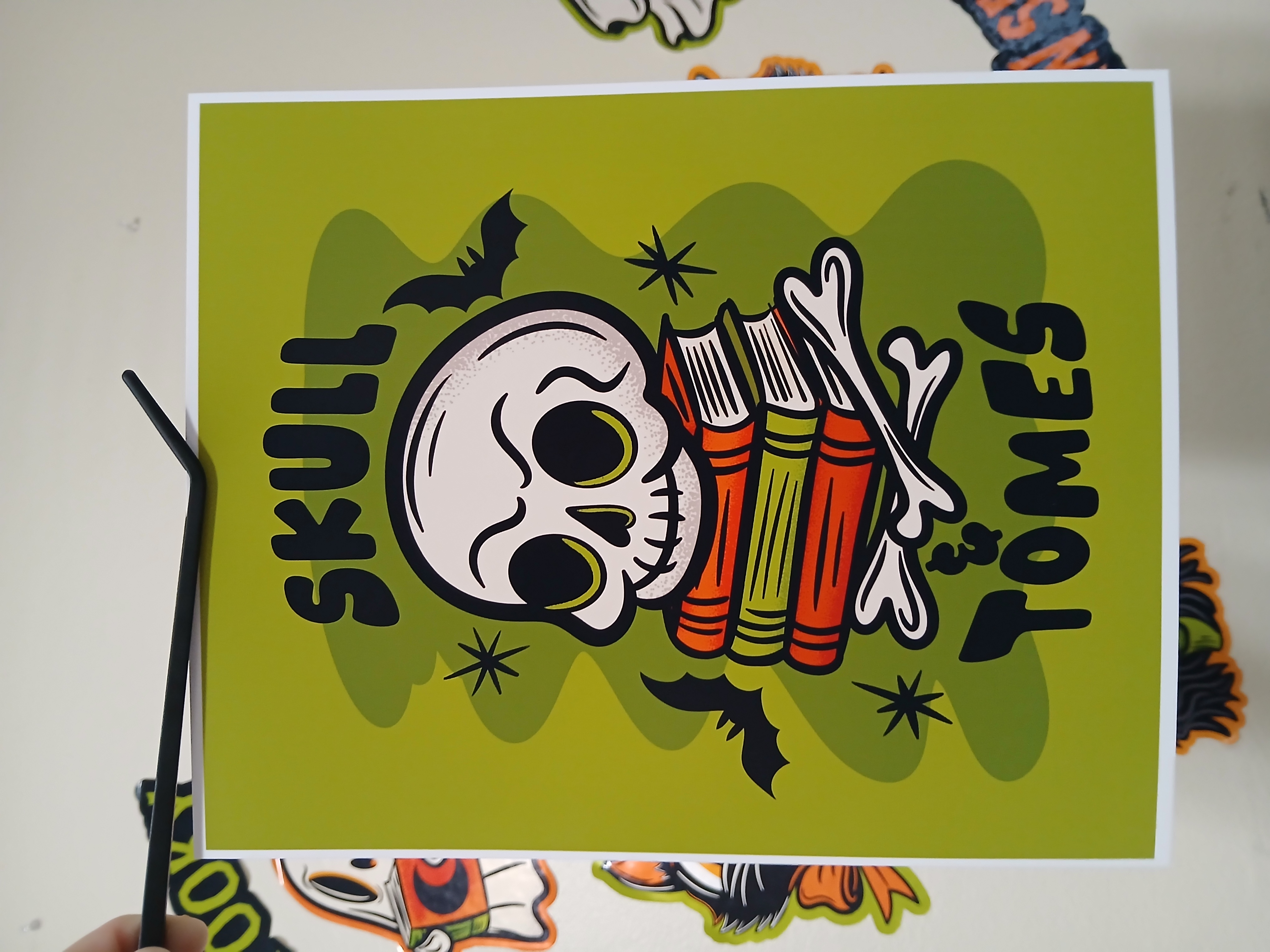 Spooky Bookish Skull Bats Halloween Wall Decor Art Print