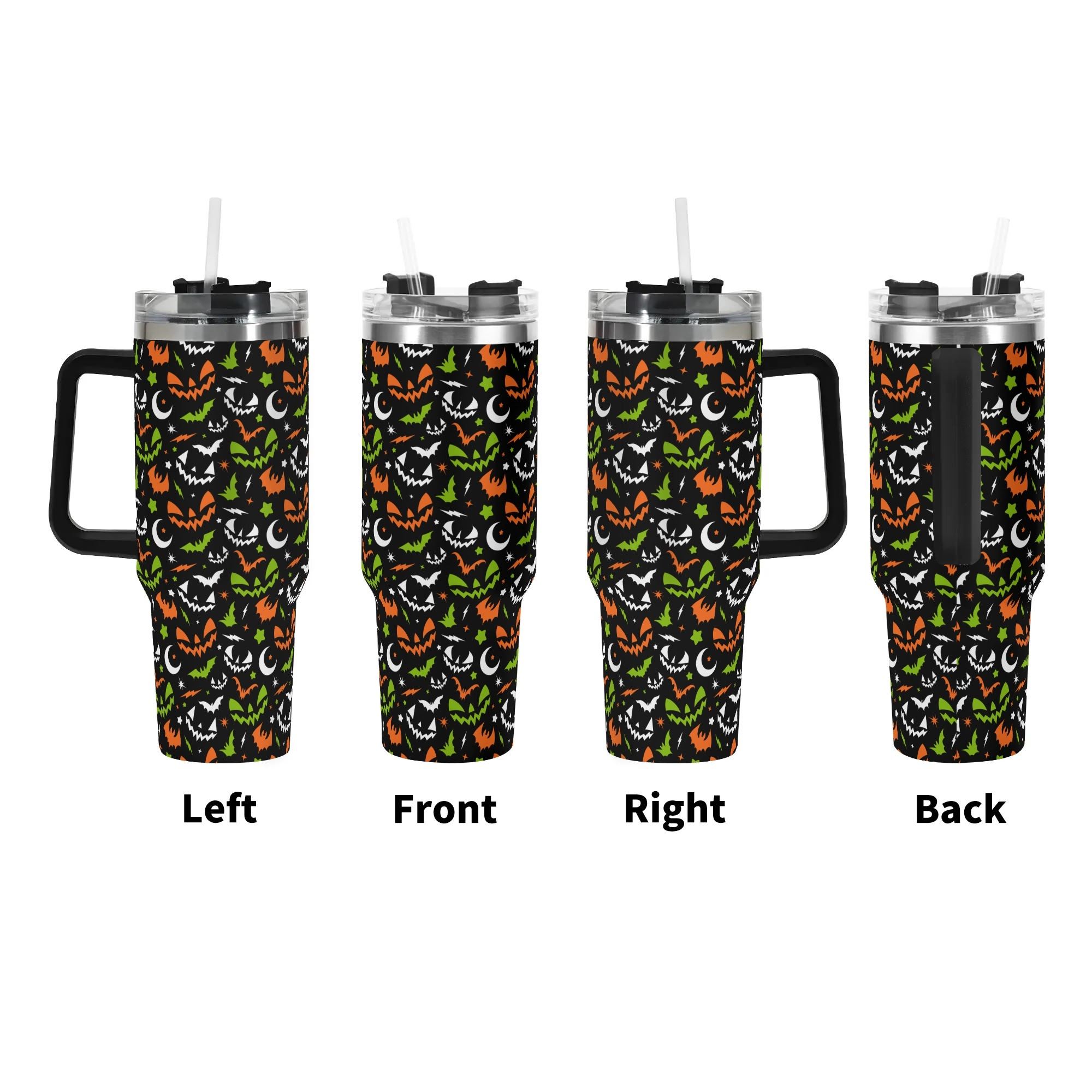 Spooky Season Cute Retro 90's Style Halloween Jack-o-Lantern Face, Bats, Moons Pattern 40oz Stainless Steel Tumbler With Black Handle and Straw