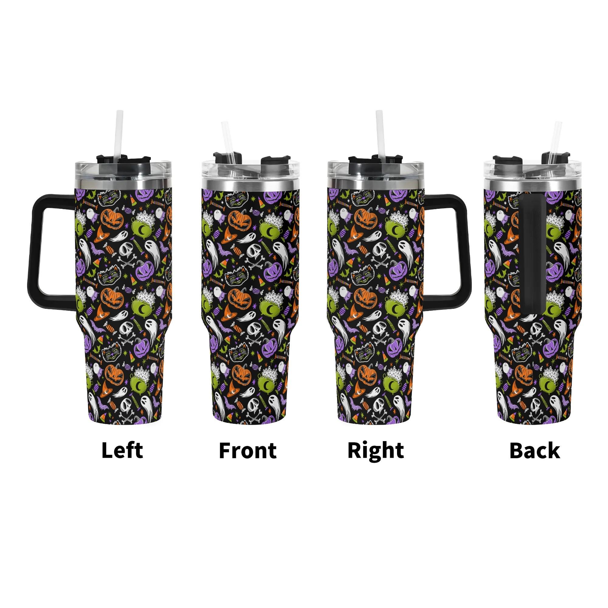 Spooky Season Cute Halloween Creeps Pattern 40oz Stainless Steel Tumbler With Black Handle and Straw