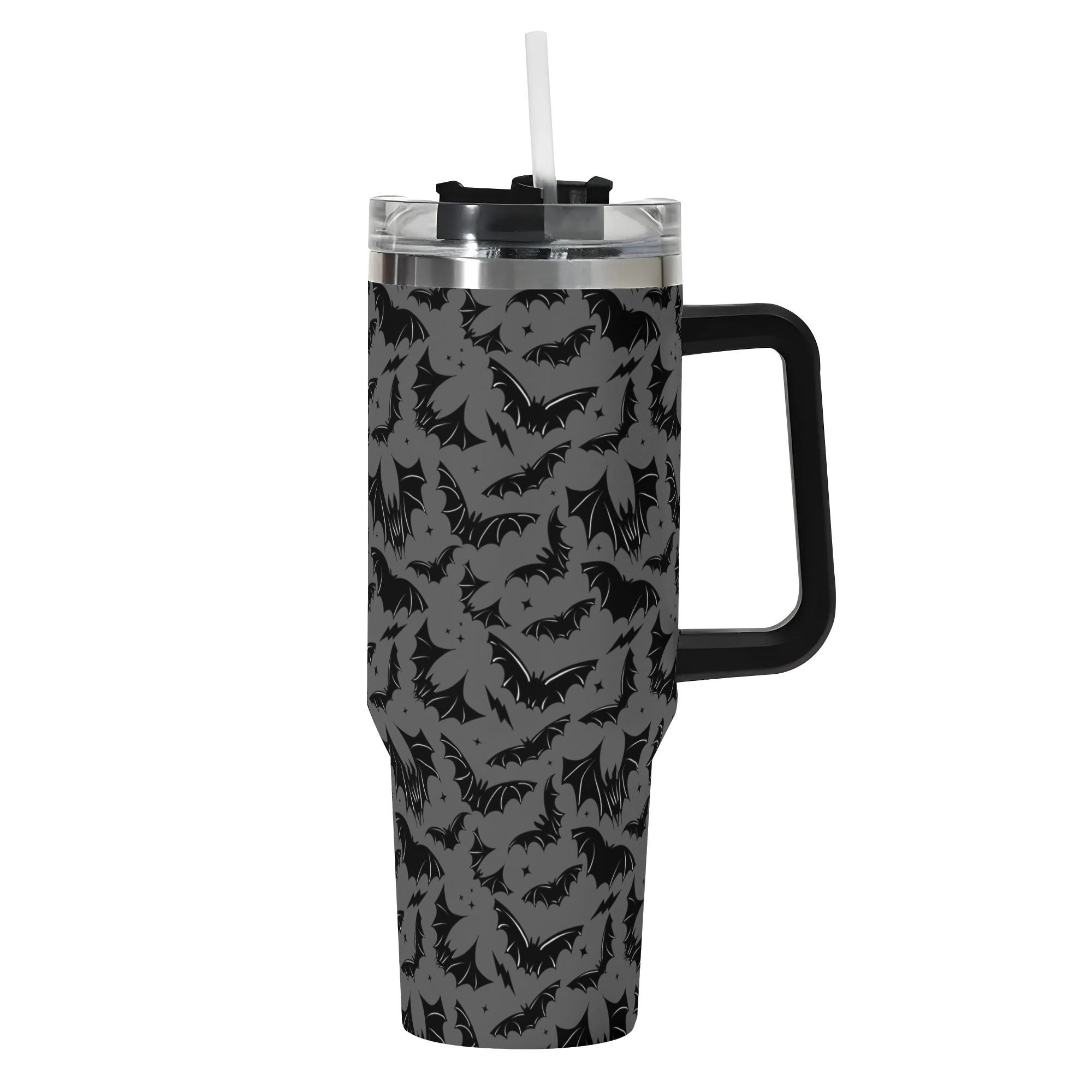 Spooky Season Halloween Gothic Bats Pattern 40oz Stainless Steel Tumbler With Black Handle and Straw