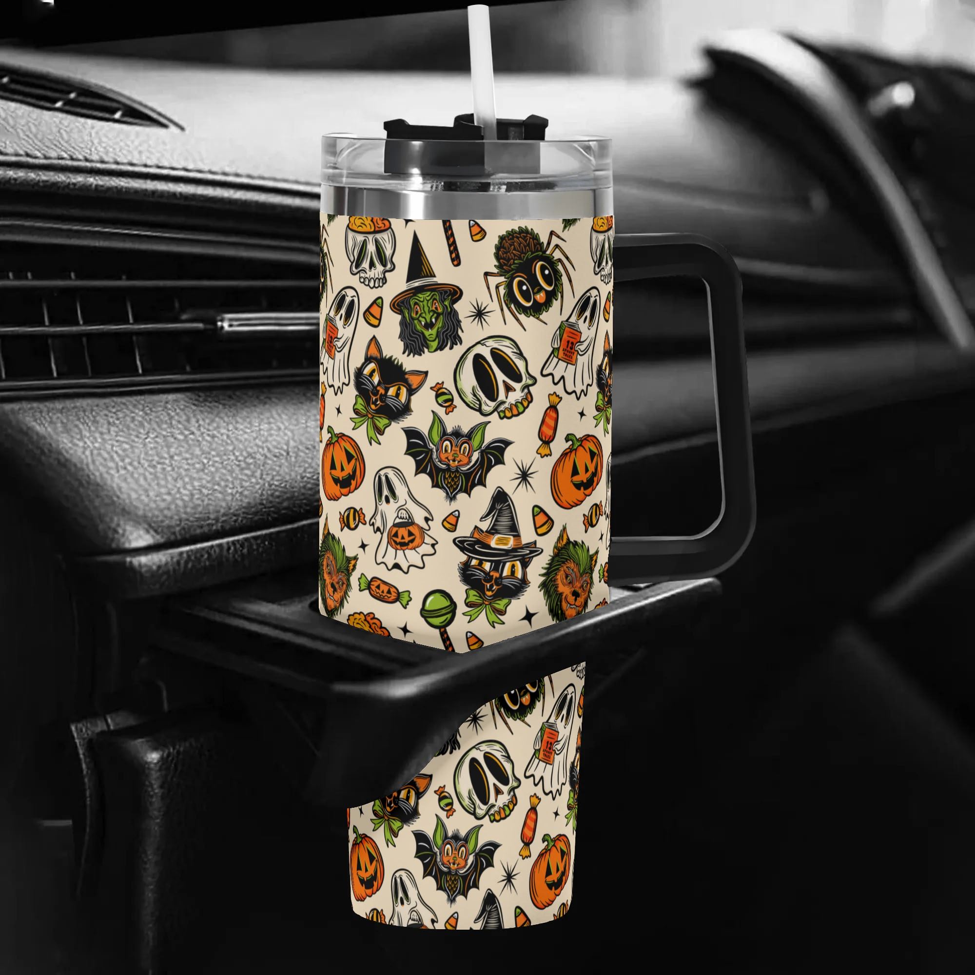 Spooky Season Cute Halloween Creeps Pattern 40oz Stainless Steel Tumbler With Black Handle and Straw