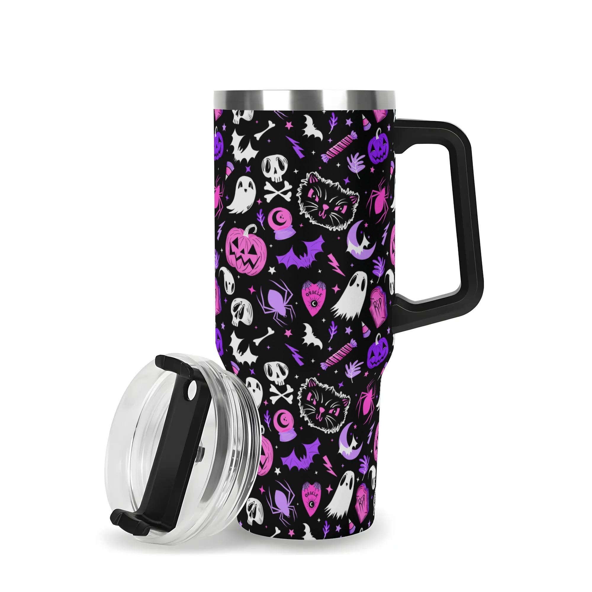 Spooky Season Cute Halloween Pastel Goth Skull Ghost Jack-O-Lantern Black Cat Pattern 40oz Stainless Steel Tumbler With Black Handle and Straw