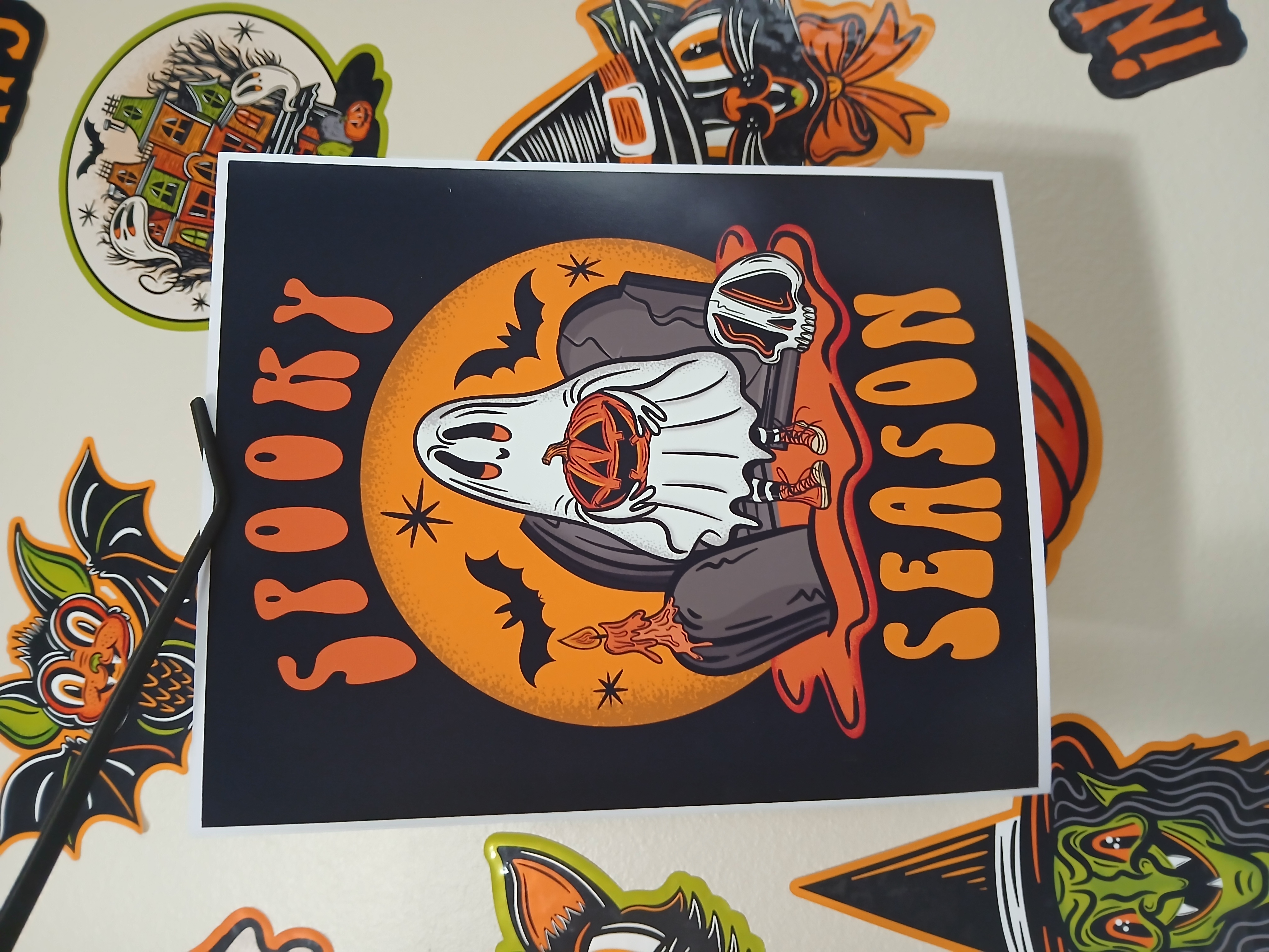 Spooky Season Sheet Ghost Holding Jack-O-Lantern in Cemetery Halloween Wall Decor Art Print