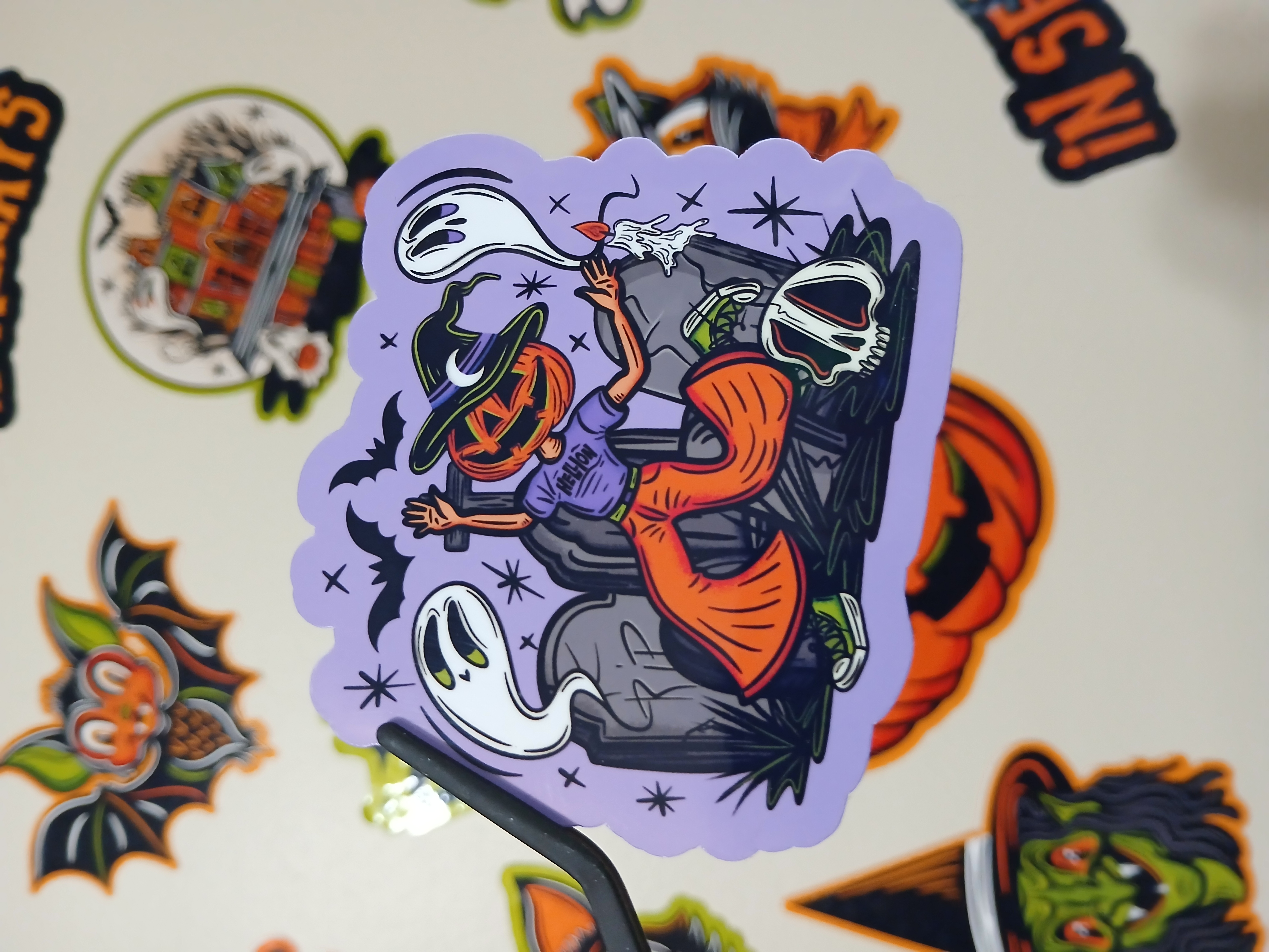 Spooky Cute Halloween Pumpkin Witch, Ghosts in Cemetery Vinyl Decal Sticker