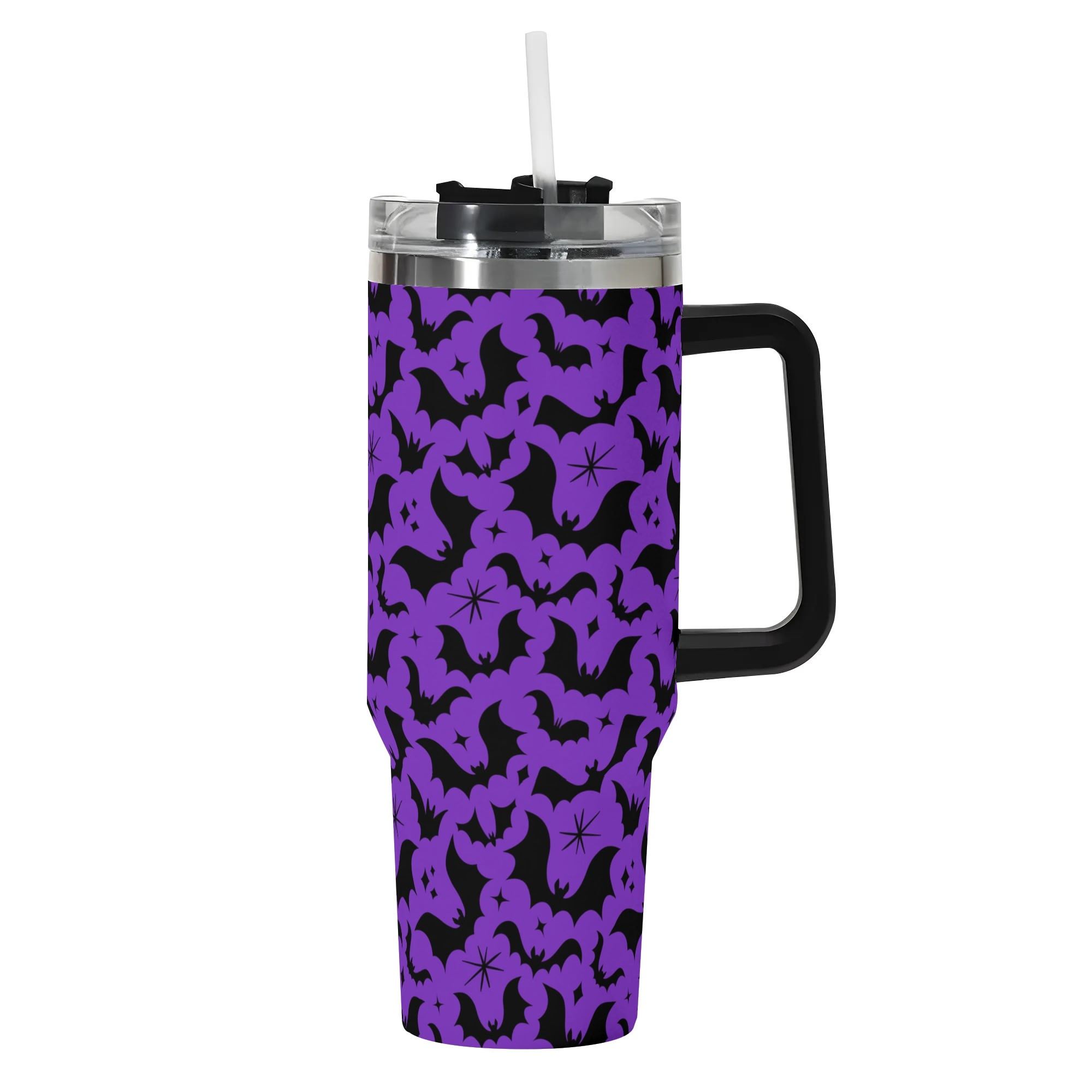 Spooky Season Halloween Gothic Bats Pattern 40oz Stainless Steel Tumbler With Black Handle and Straw
