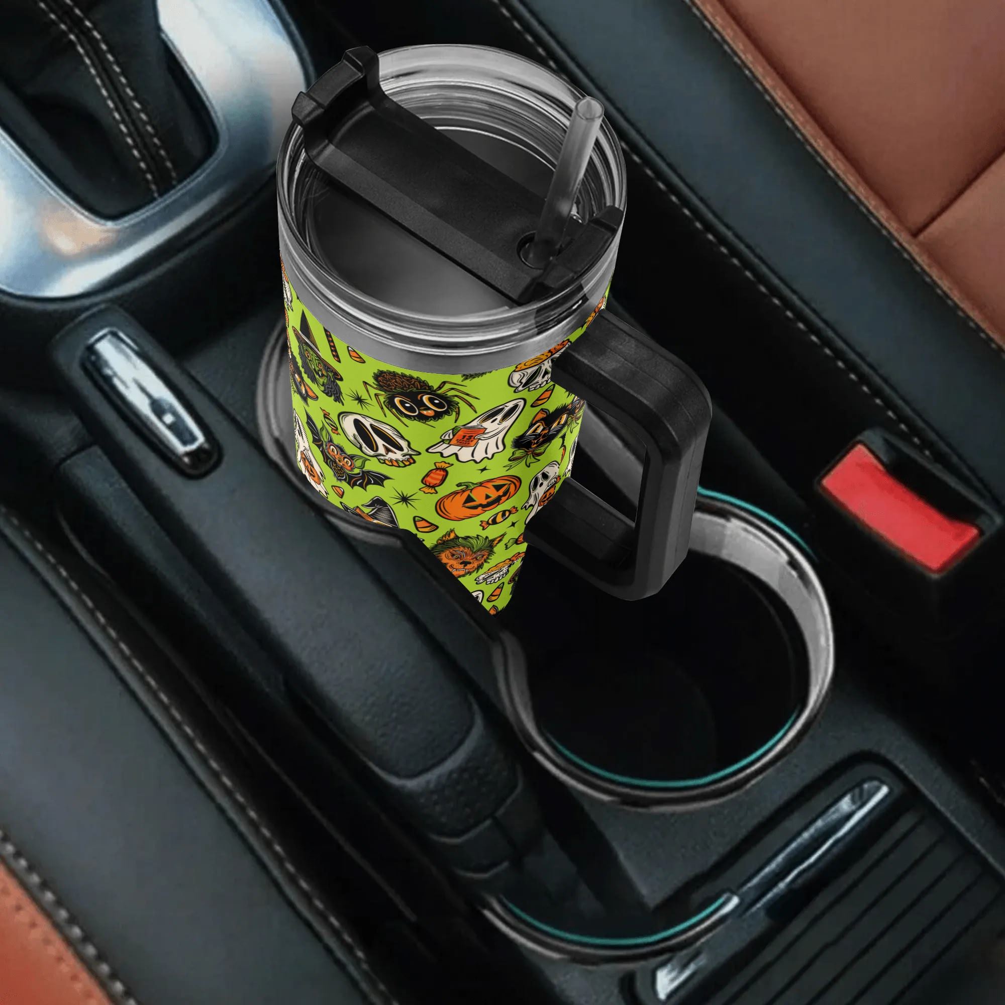 Spooky Season Cute Halloween Creeps Pattern 40oz Stainless Steel Tumbler With Black Handle and Straw