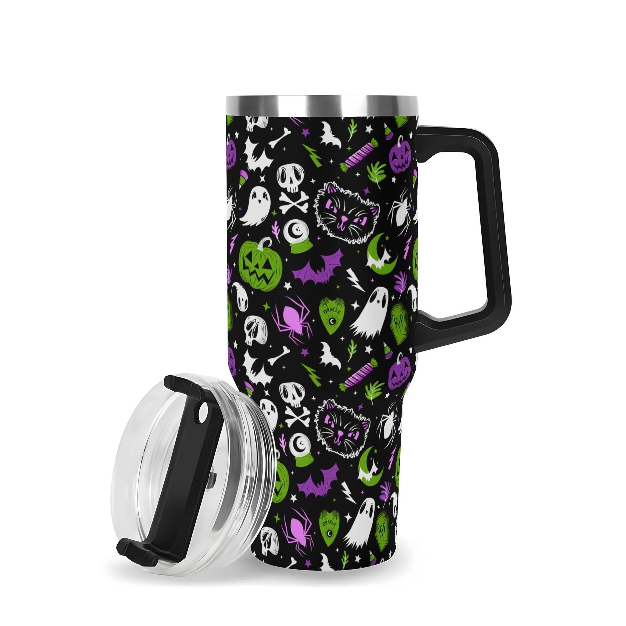 Spooky Season Cute Halloween Skull Ghost Jack-O-Lantern Black Cat Pattern 40oz Stainless Steel Tumbler With Black Handle and Straw