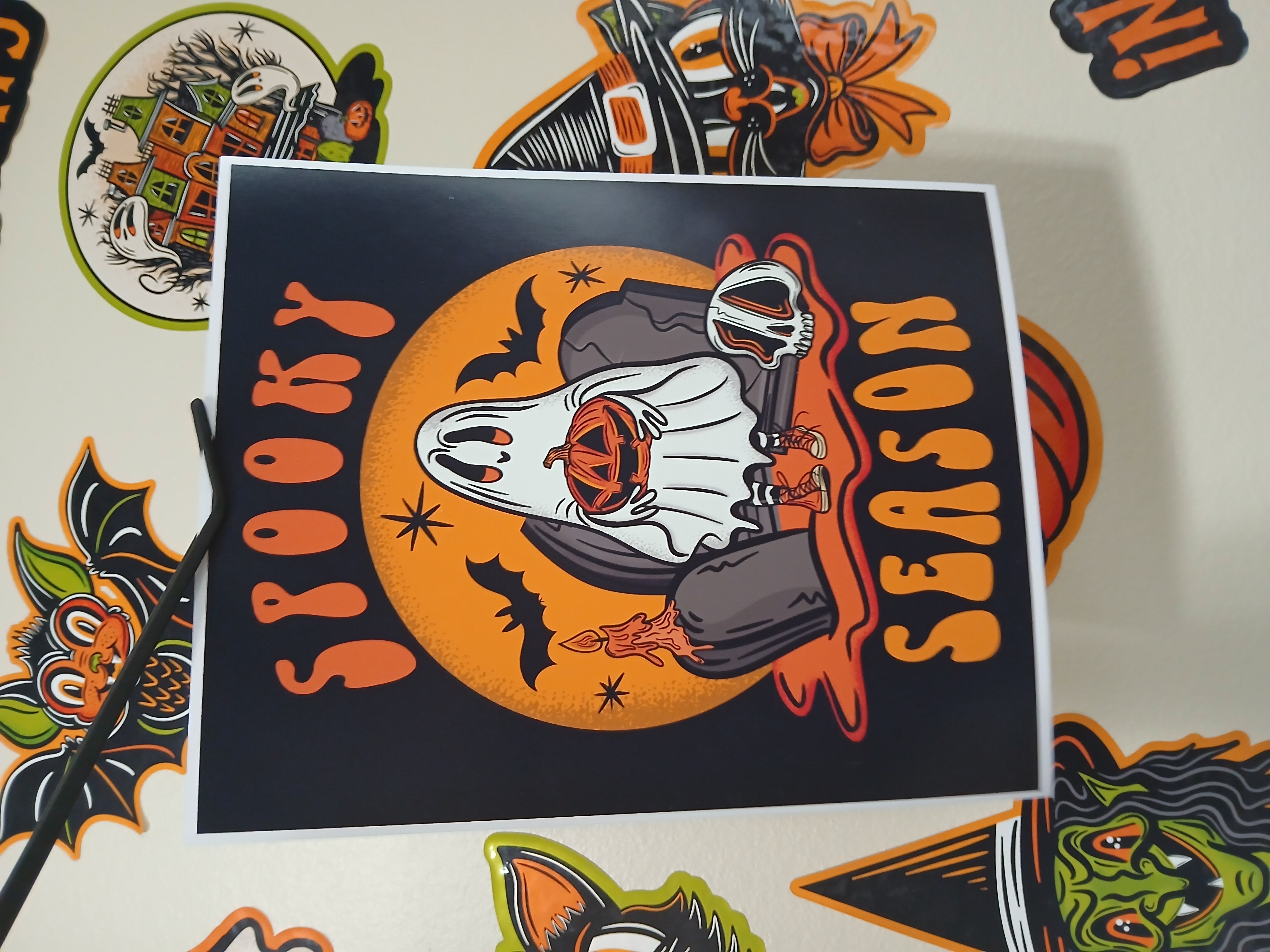 Spooky Season Sheet Ghost Holding Jack-O-Lantern in Cemetery Halloween Wall Decor Art Print
