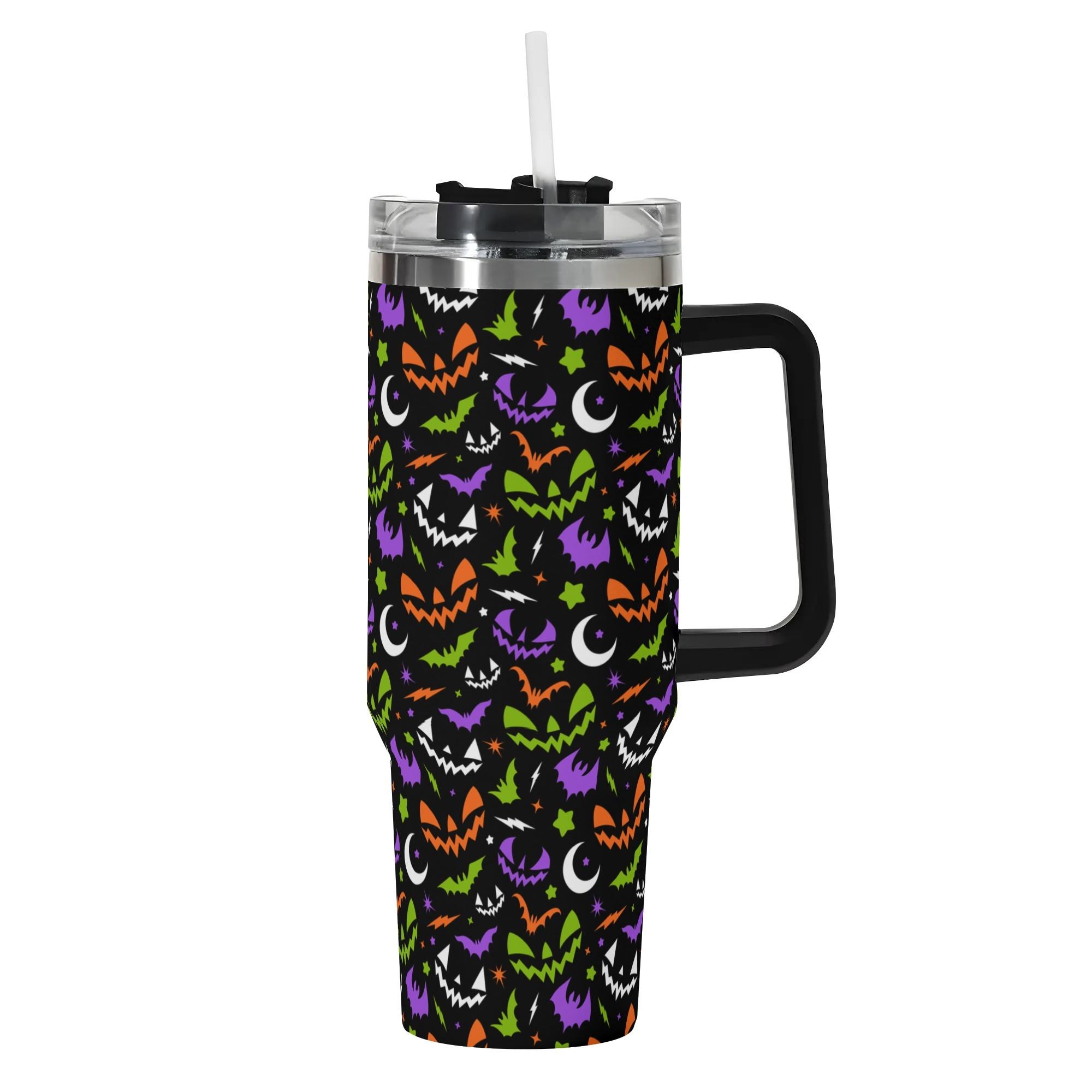 Spooky Season Cute Retro 90's Style Halloween Jack-o-Lantern Face, Bats, Moons Pattern 40oz Stainless Steel Tumbler With Black Handle and Straw