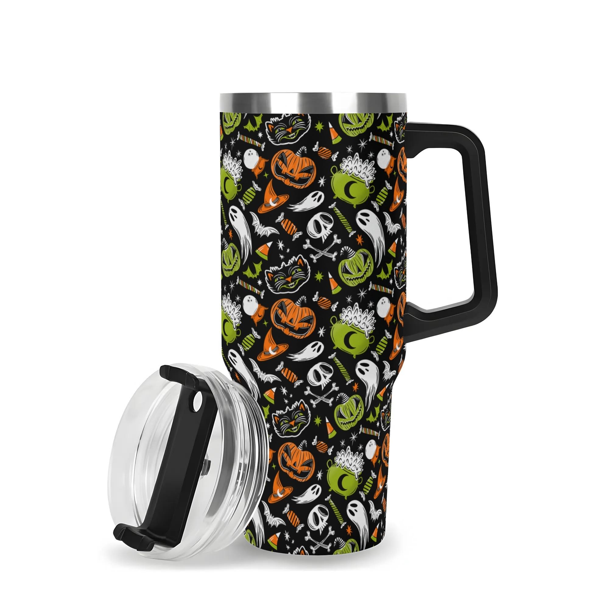 Spooky Season Cute Halloween Creeps Pattern 40oz Stainless Steel Tumbler With Black Handle and Straw