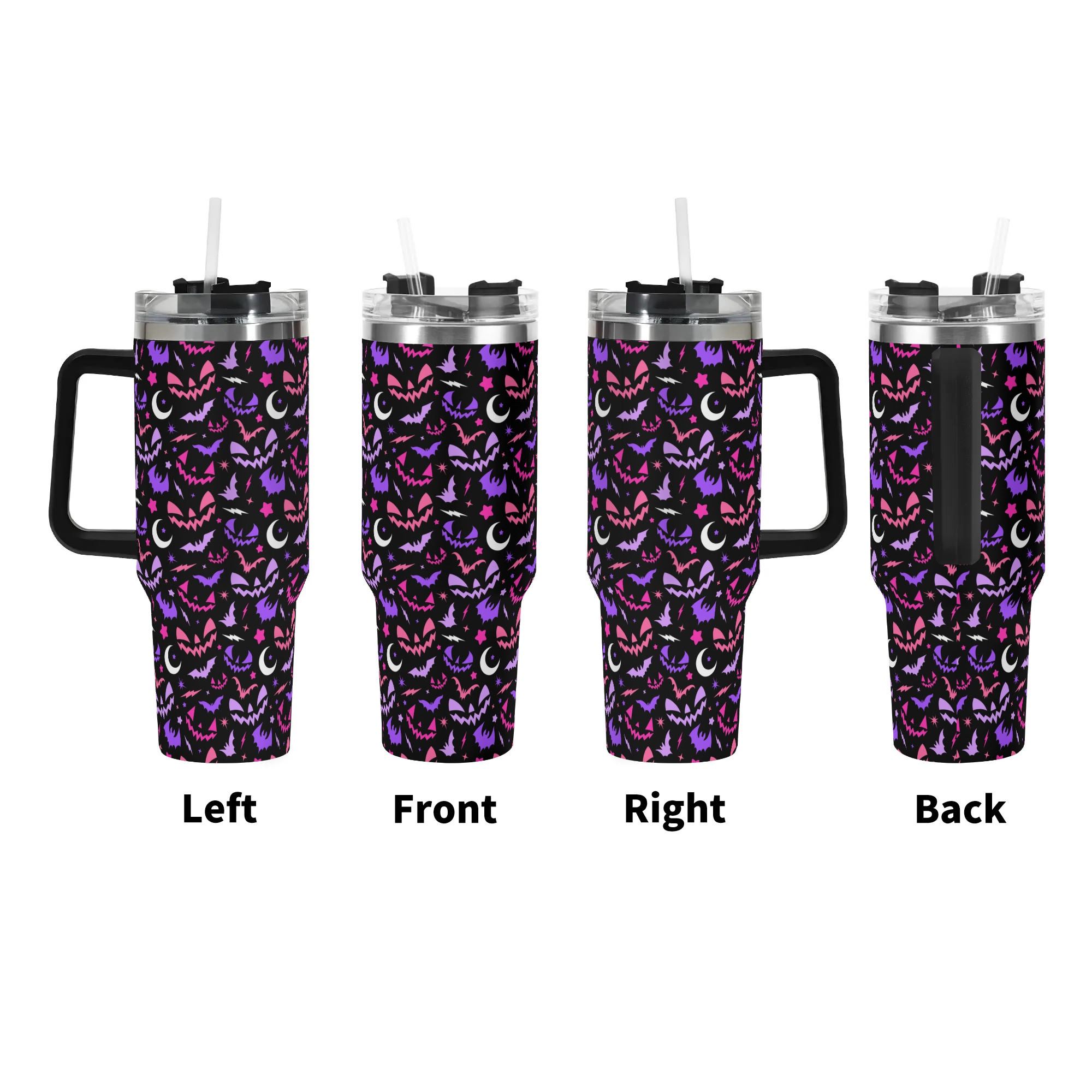 Spooky Season Cute Retro 90's Style Halloween Jack-o-Lantern Face, Bats, Moons Pattern 40oz Stainless Steel Tumbler With Black Handle and Straw
