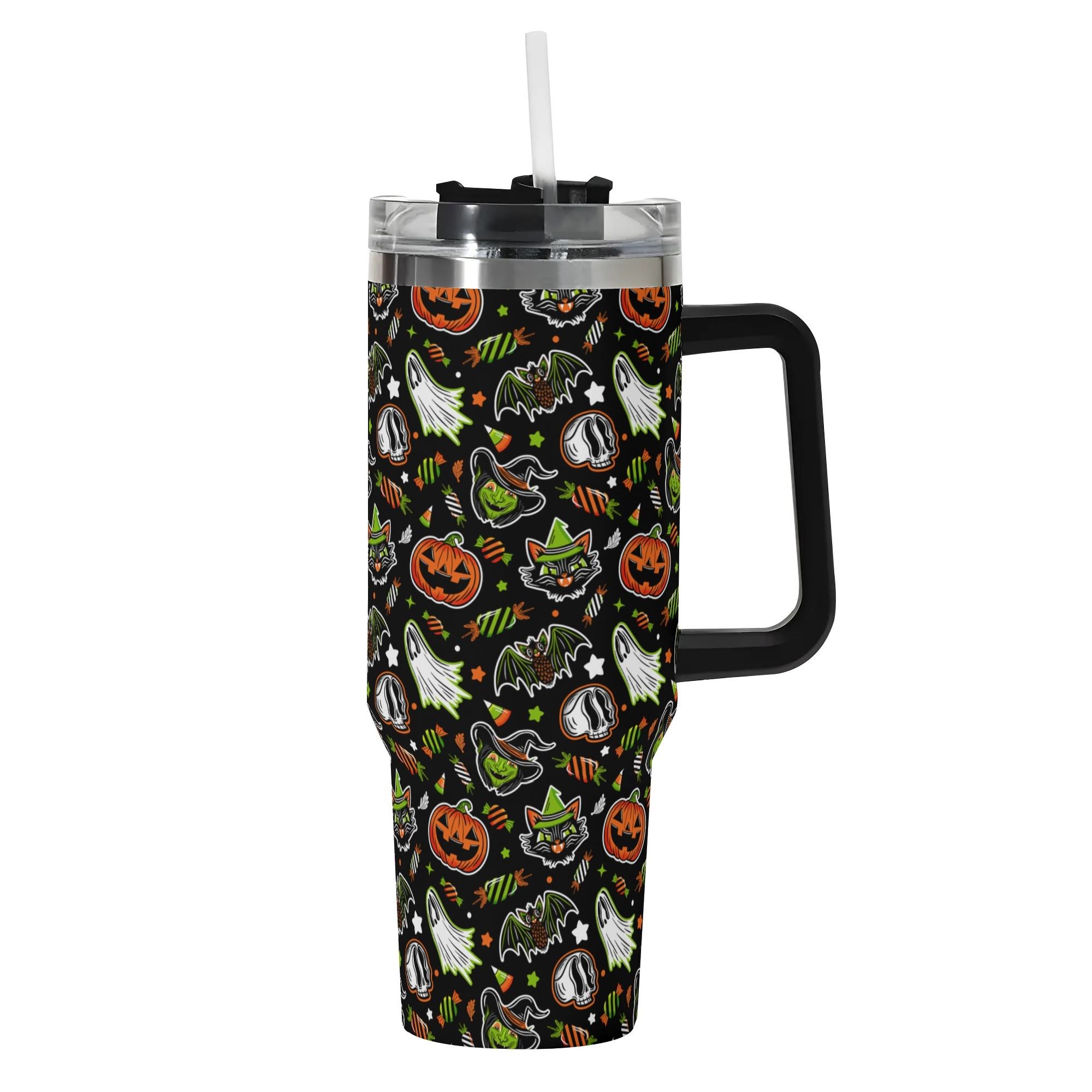 Spooky Season Cute Halloween Creeps Pattern 40oz Stainless Steel Tumbler With Black Handle and Straw