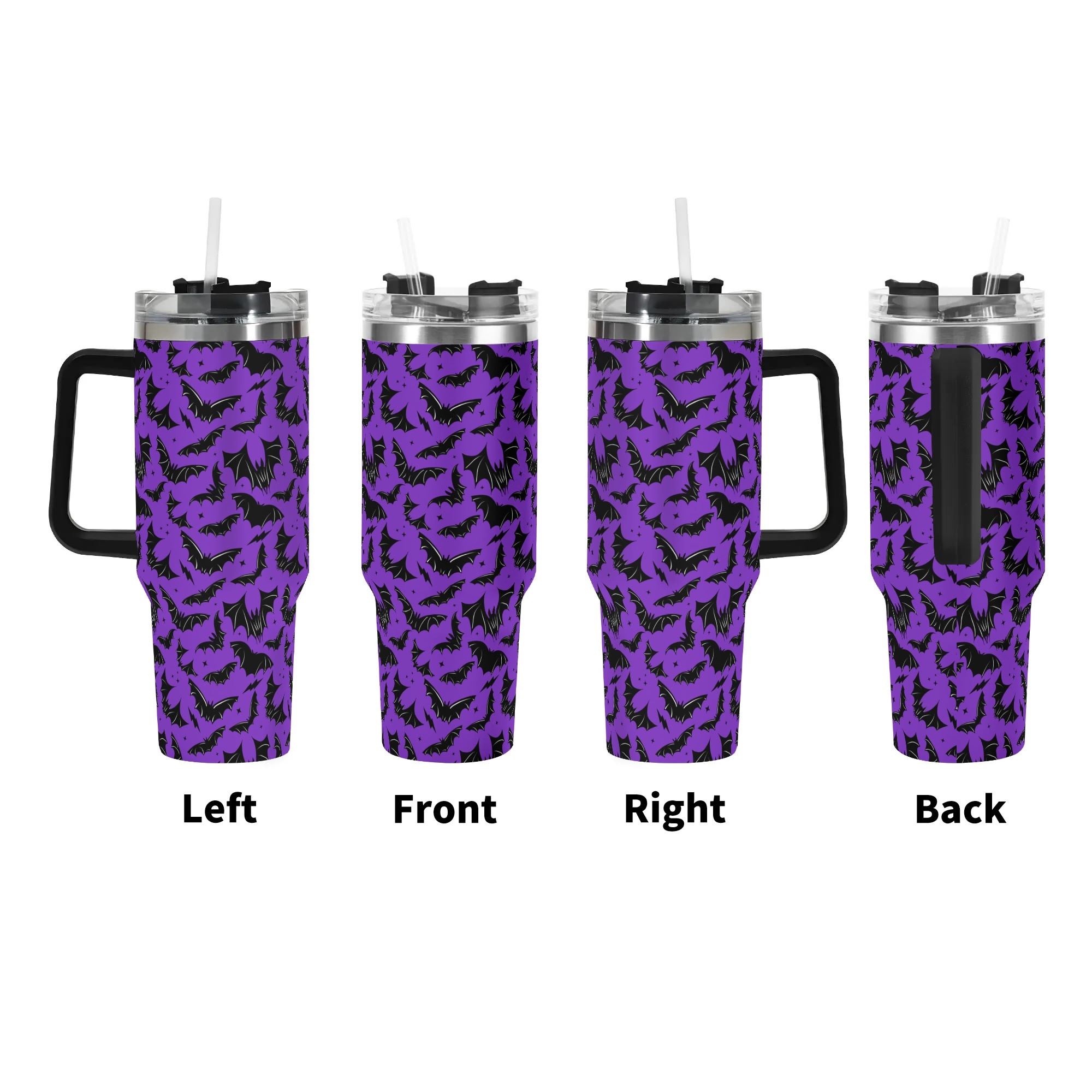 Spooky Season Halloween Gothic Bats Pattern 40oz Stainless Steel Tumbler With Black Handle and Straw