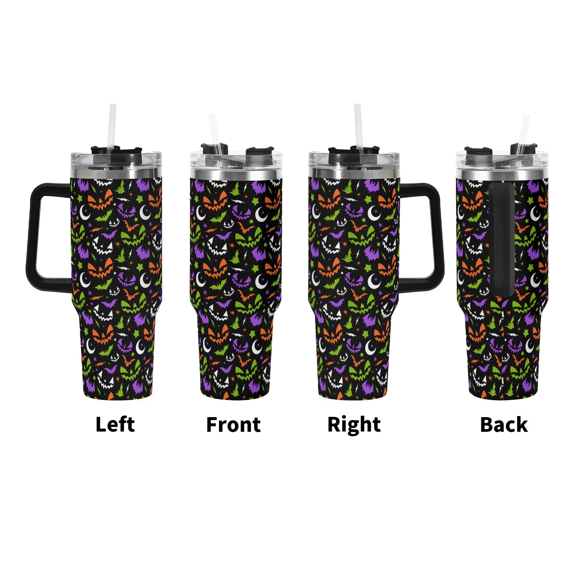 Spooky Season Cute Retro 90's Style Halloween Jack-o-Lantern Face, Bats, Moons Pattern 40oz Stainless Steel Tumbler With Black Handle and Straw