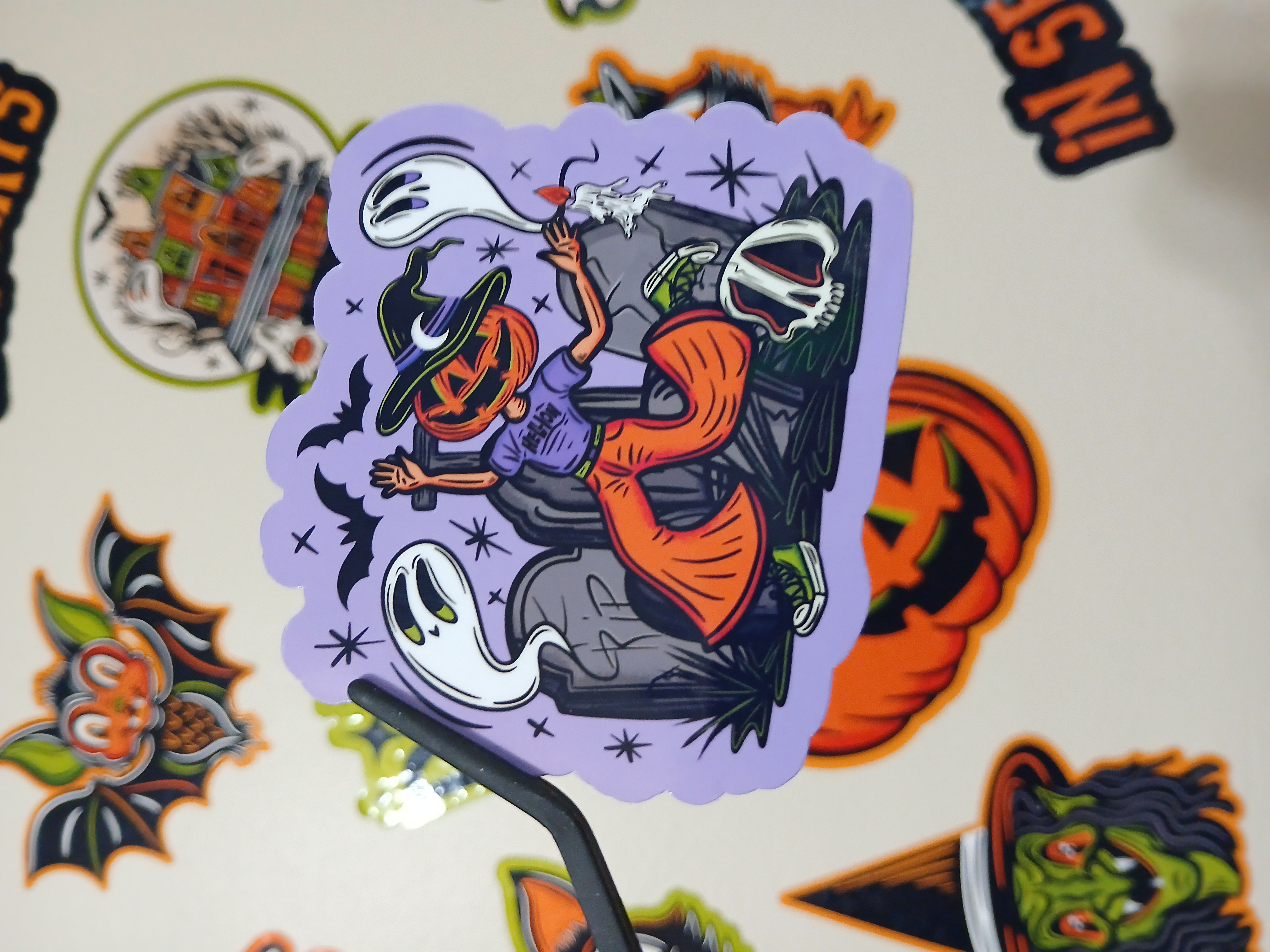 Spooky Cute Halloween Pumpkin Witch, Ghosts in Cemetery Vinyl Decal Sticker