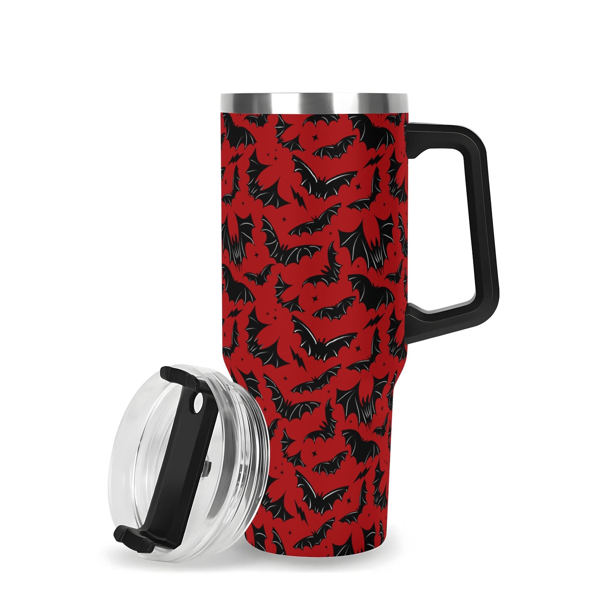 Spooky Season Halloween Gothic Bats Pattern 40oz Stainless Steel Tumbler With Black Handle and Straw