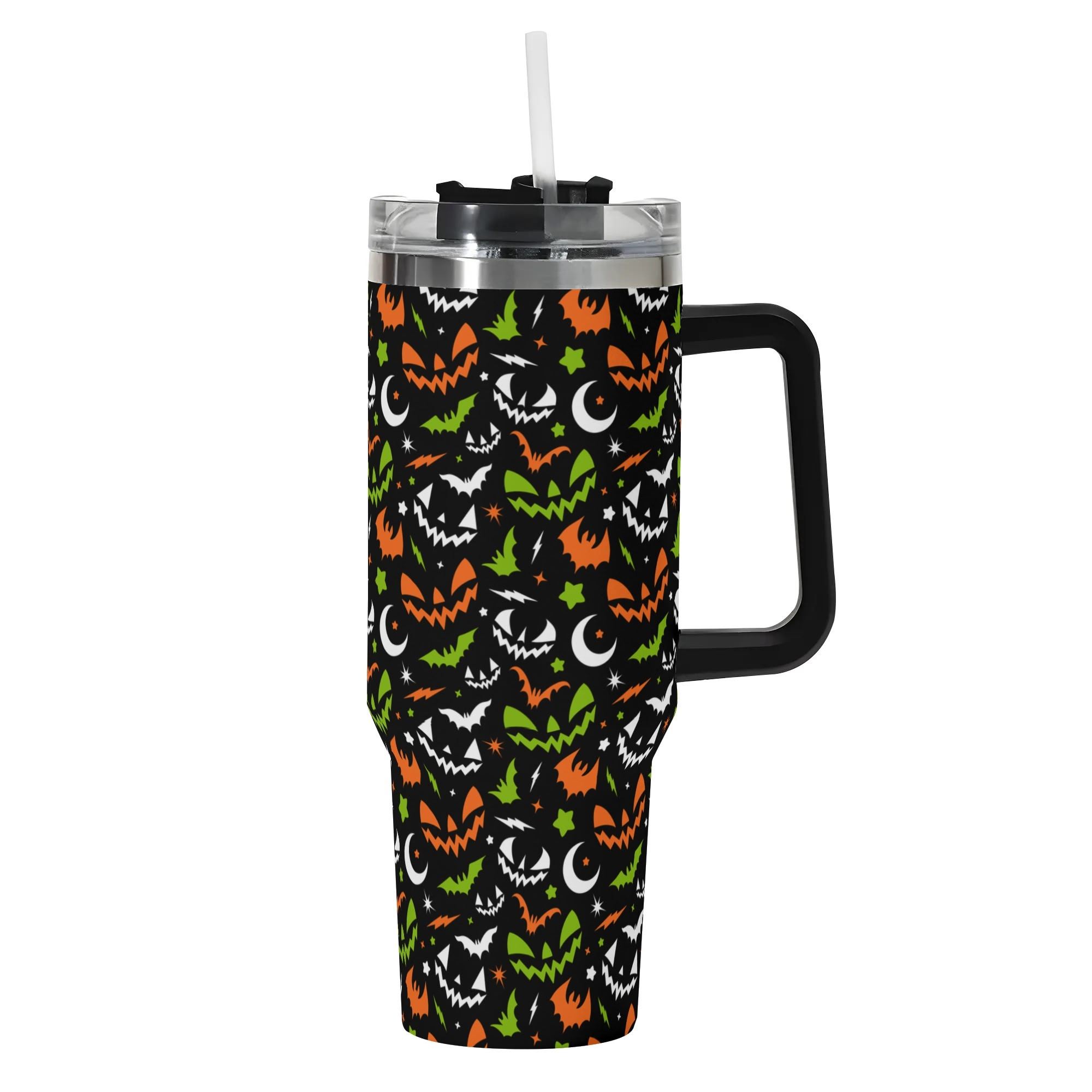 Spooky Season Cute Retro 90's Style Halloween Jack-o-Lantern Face, Bats, Moons Pattern 40oz Stainless Steel Tumbler With Black Handle and Straw