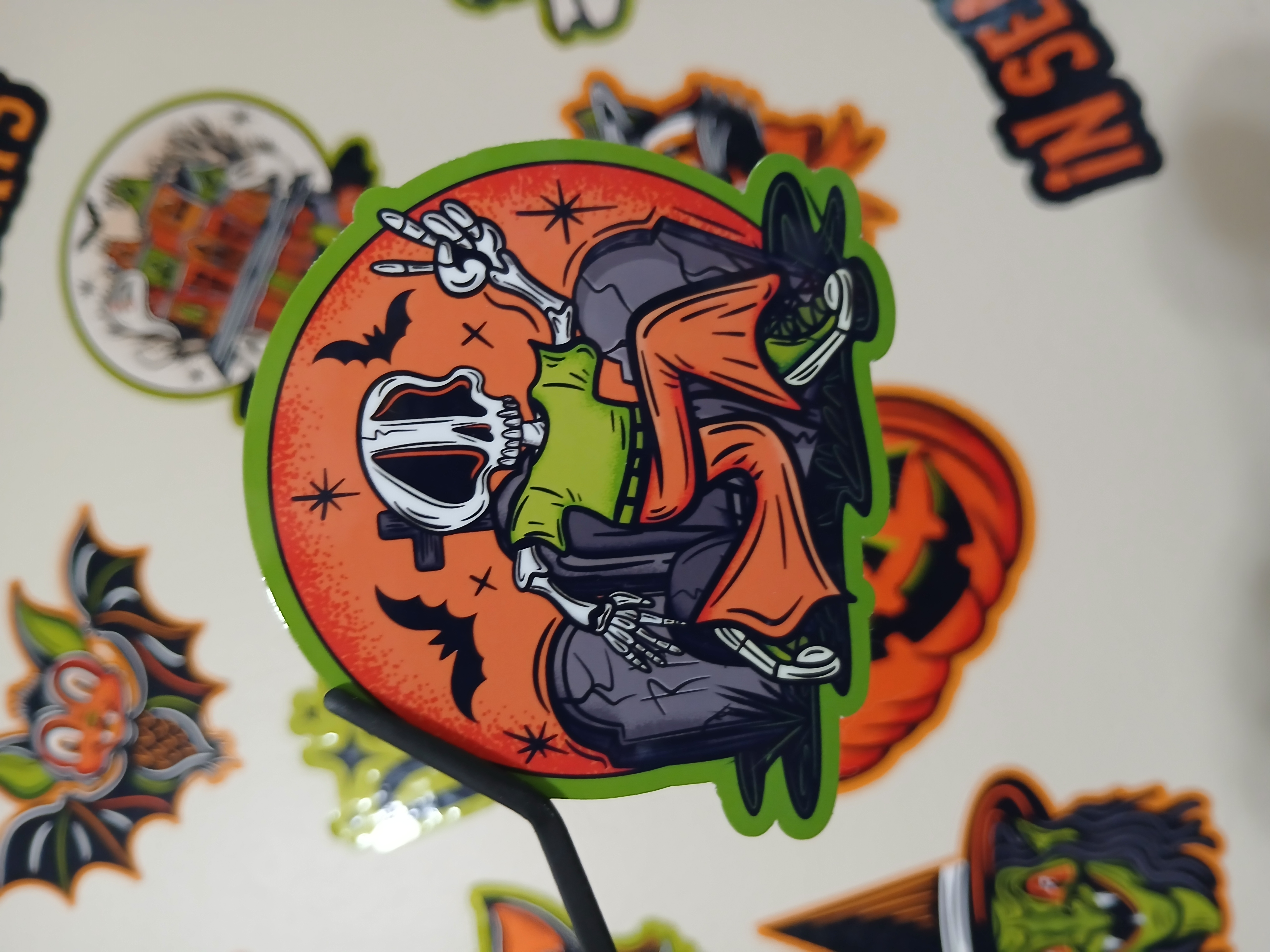 Spooky Cute Halloween Skeleton, Bats in Cemetery Vinyl Decal Sticker