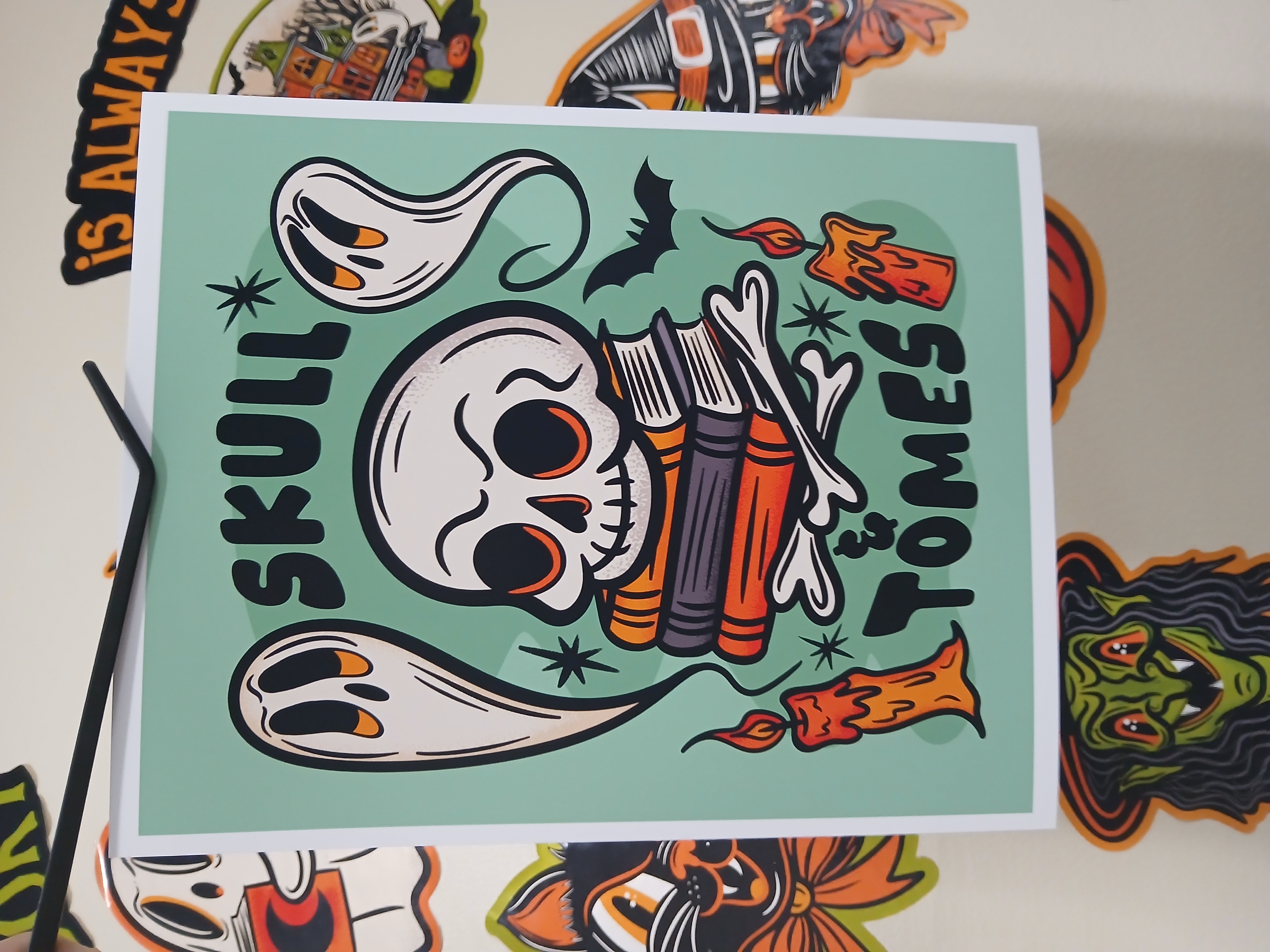 Spooky Bookish Skull Bats Ghosts Halloween Wall Decor Art Print